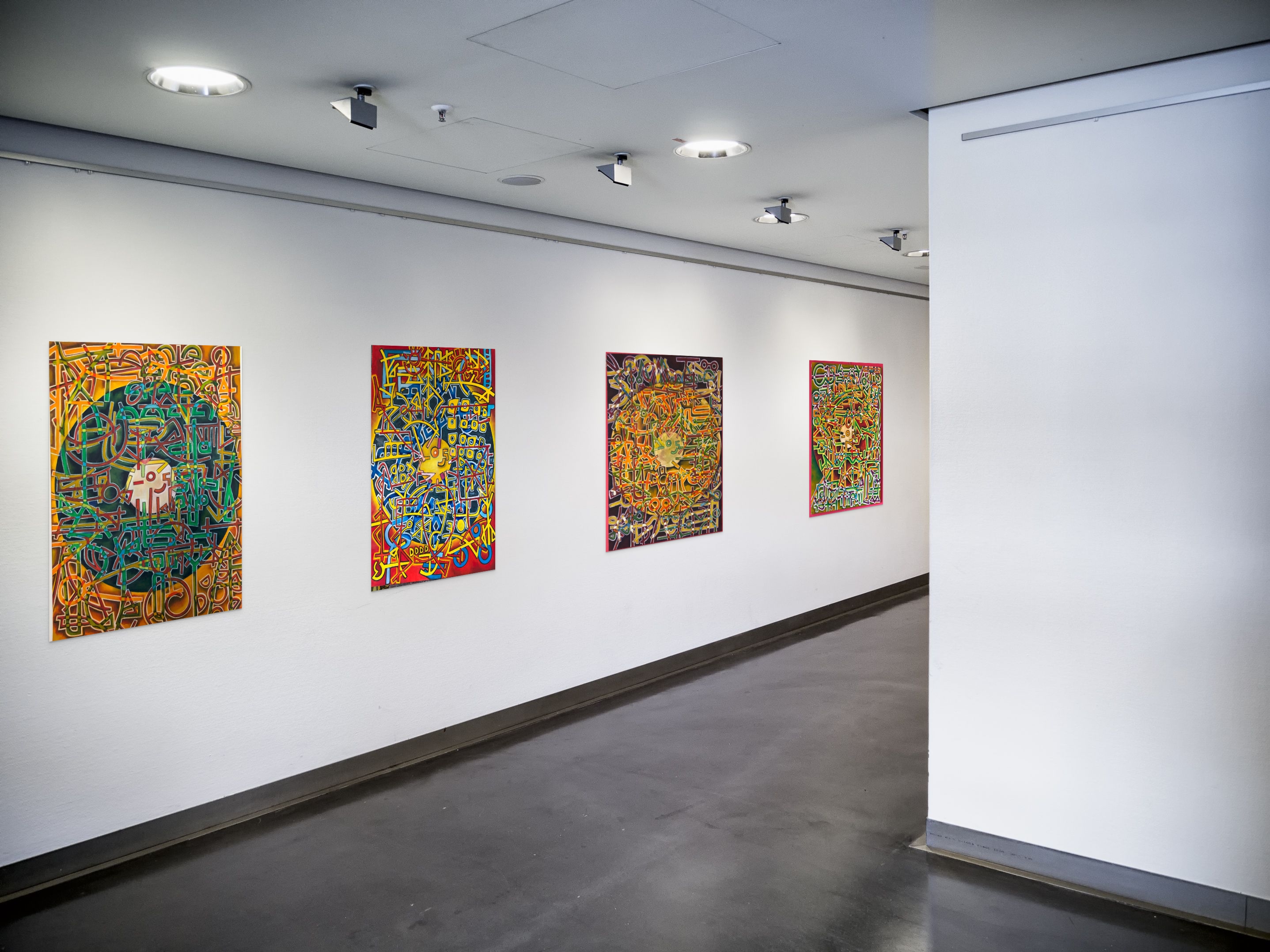 A luminous, ethereal gallery space with beams of natural light illuminating abstract sculptures and minimalist paintings. The atmosphere is serene, with soft gold and porcelain tones, and a sense of spiritual elevation. No people are present, emphasizing the interplay of light and substance.