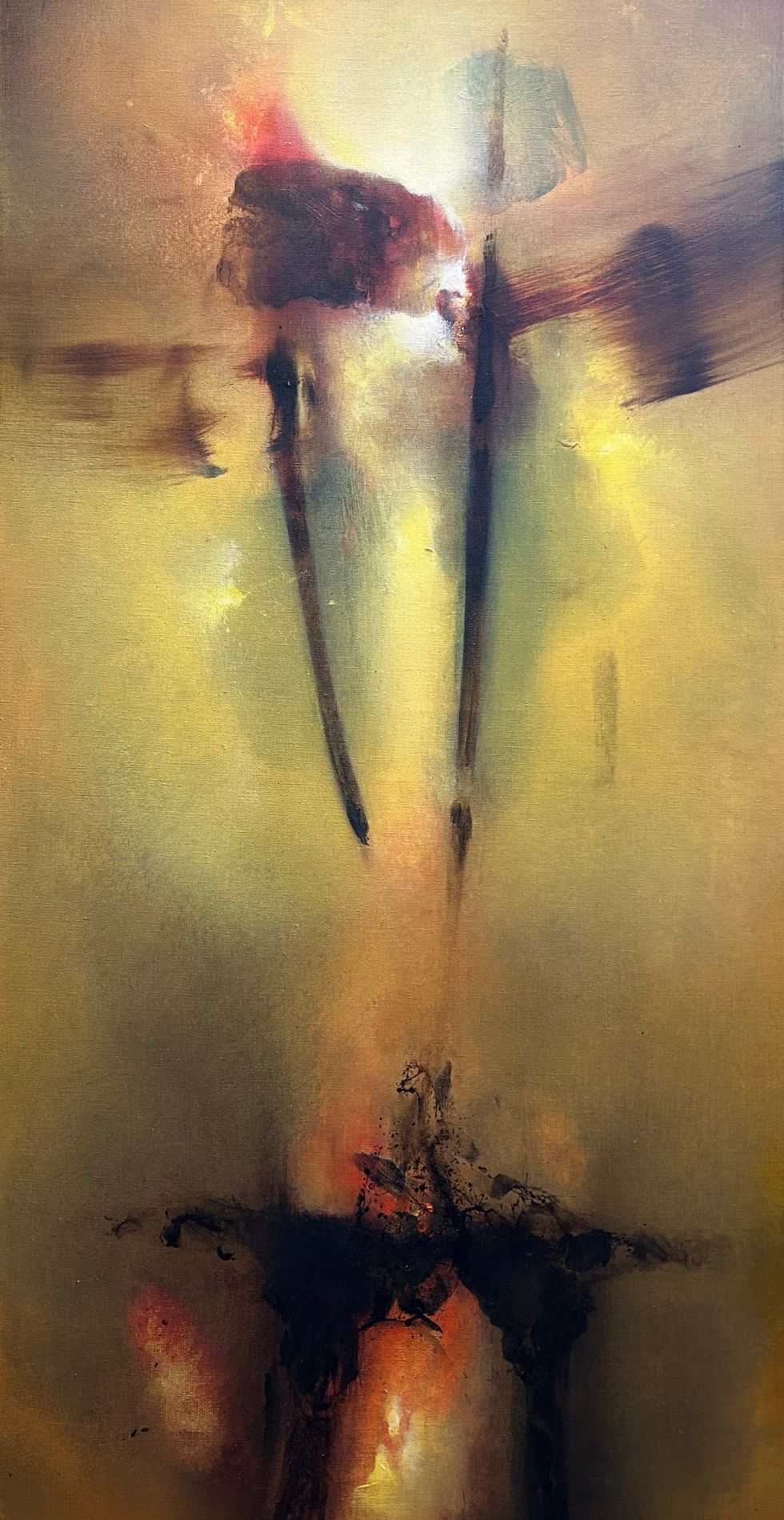 Abstraktes Gemälde von Jean-Paul Privet mit vertikaler, aufsteigender Form in Gold-, Ocker- und Blautönen, lichtdurchzogen und symbolisch für Zeit, Wandel und spirituelle Transformation.