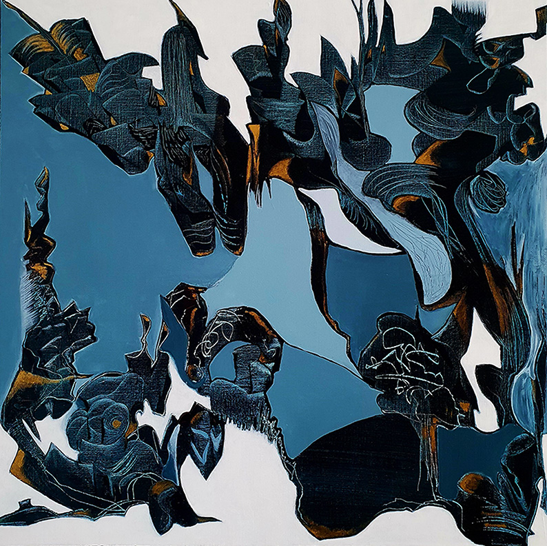 Abstraktes Gemälde („Winter Night“): kühle Blauflächen mit dunkel-schwarzen, organischen Formen und feinen Linienstrukturen, vereinzelt ockerfarbene Akzente auf hellem Randbereich.