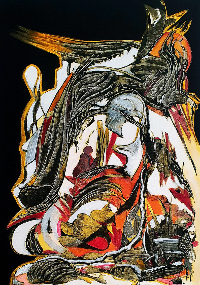 Abstraktes Werk („Within The Mystery“): dunkle, geschwungene Formen auf schwarzem Hintergrund mit weißem Negativraum und warmen Akzenten in Orange, Ocker und Rot; vielschichtige, dynamische Texturen.