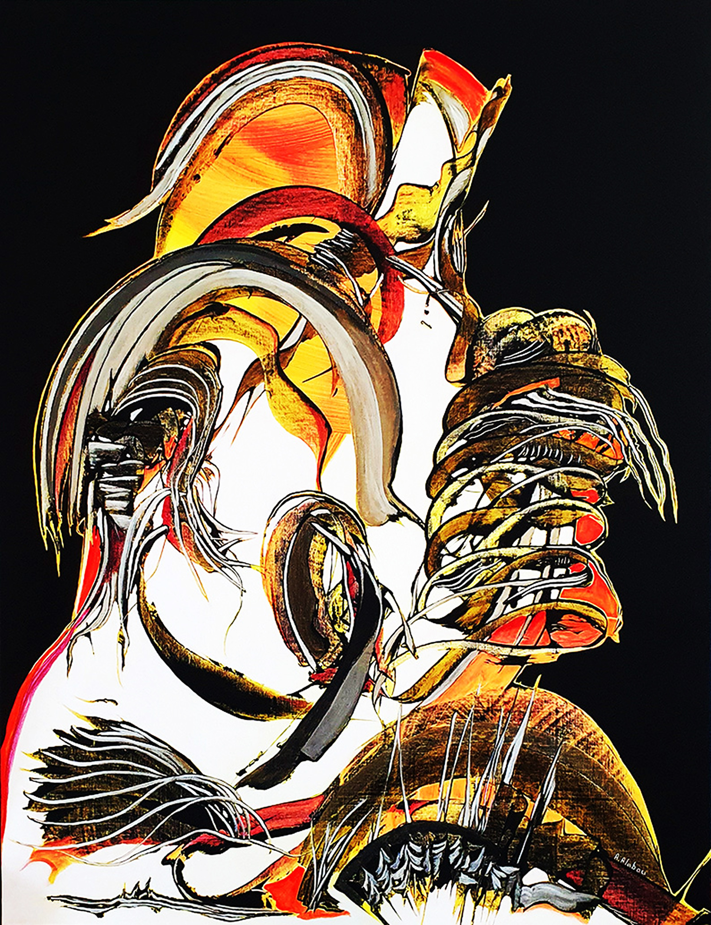 Abstraktes Gemälde („Space Time“) in Olivgrün, Schwarz und Weiß: zentral verdichtete, organische Formen mit markantem ockerfarbenem Bogen, dynamische Linien und Kontraste auf strukturiertem Hintergrund.