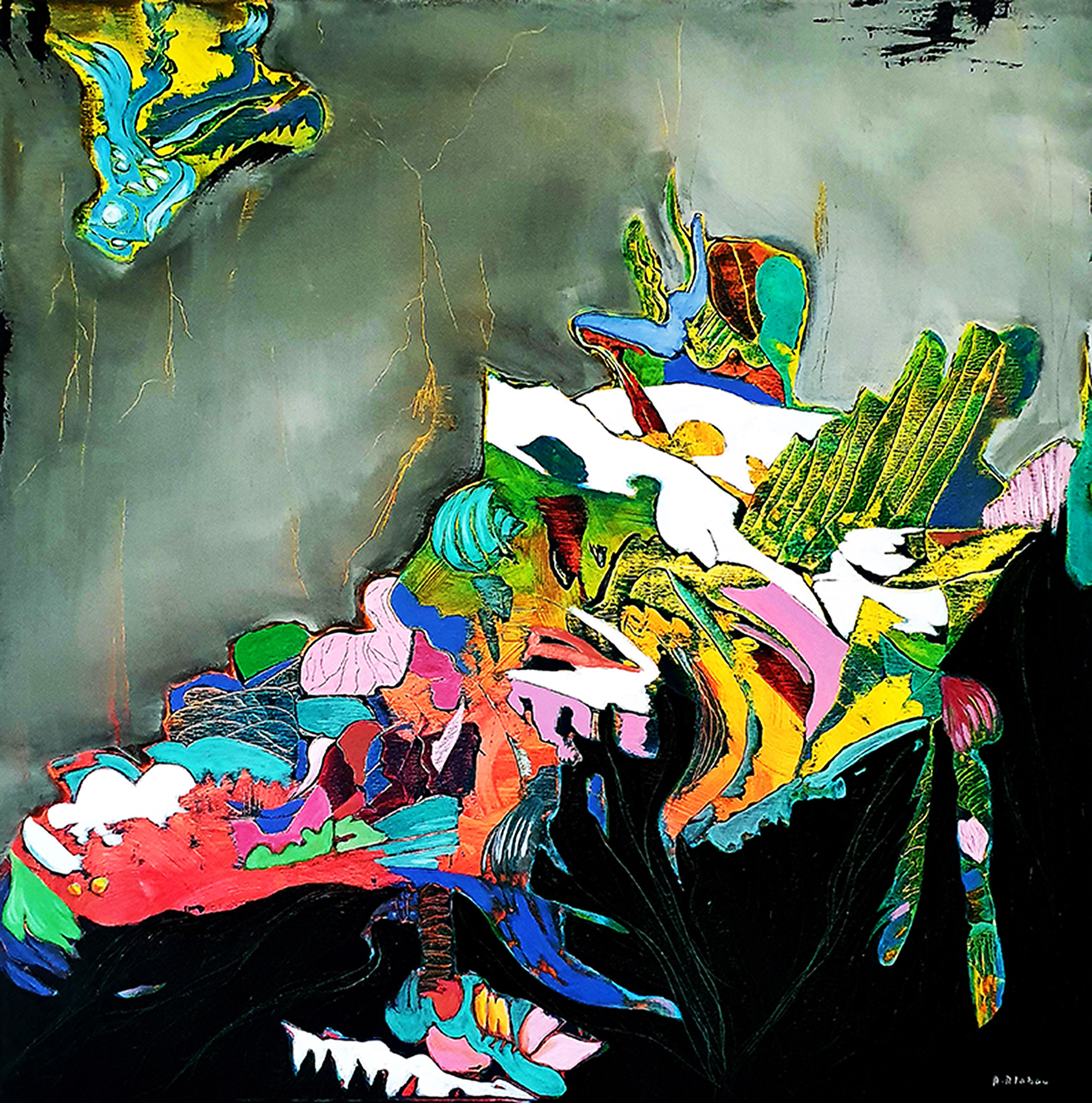 Abstraktes Gemälde von Anita Alabau („Luxuriance“): kräftiger roter Hintergrund mit zentraler, pflanzenartig geschwungener Form in Türkis, Schwarz und Weiß, ergänzt durch feine Linien und warme Akzente.