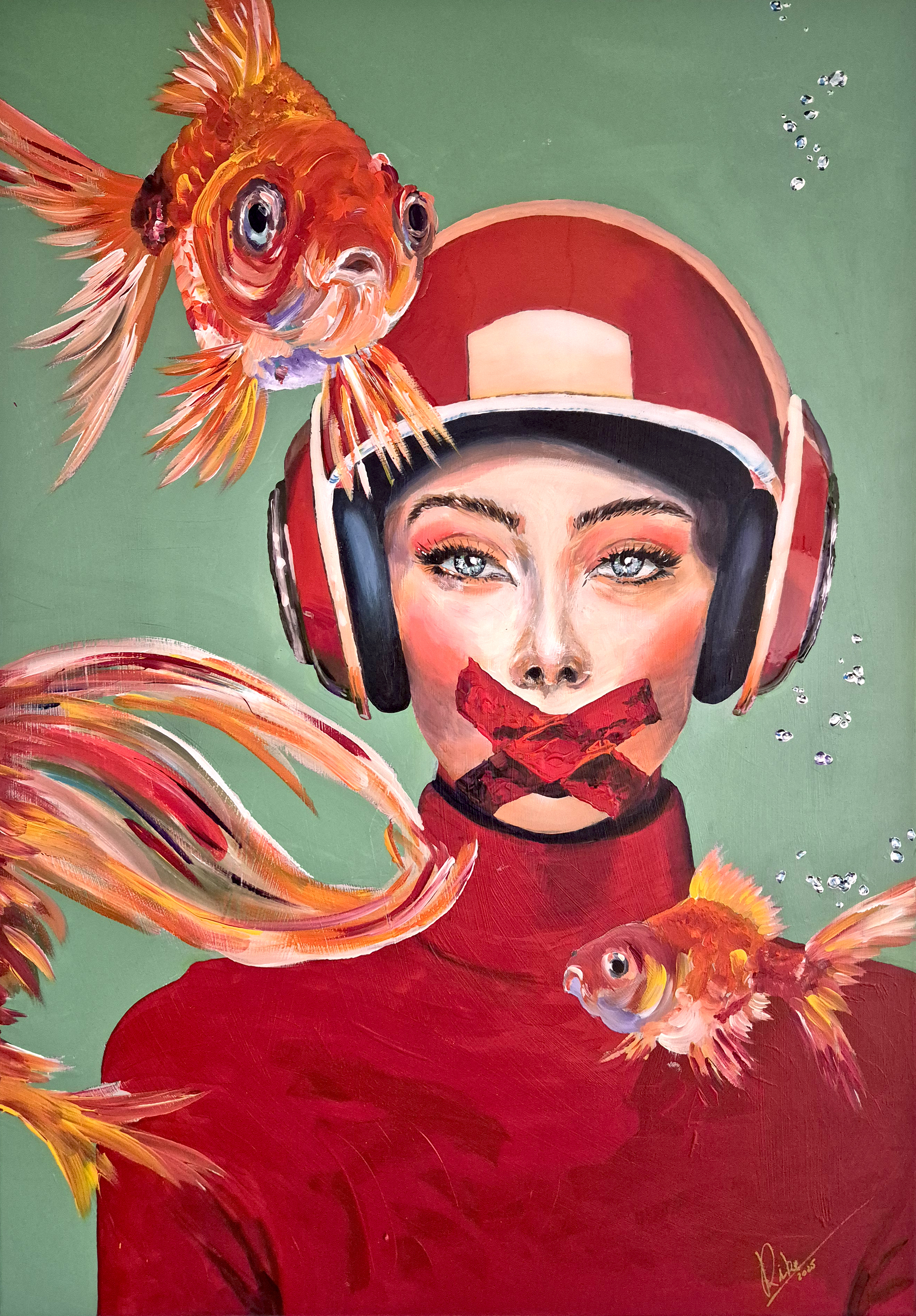 Abstraktes Gemälde von Anita Alabau („Incandescence“): leuchtende Rot-, Pink- und Koralltöne mit blau-grauen Formen und vertikalen Linien, geschichtete Komposition auf hellem Hintergrund.