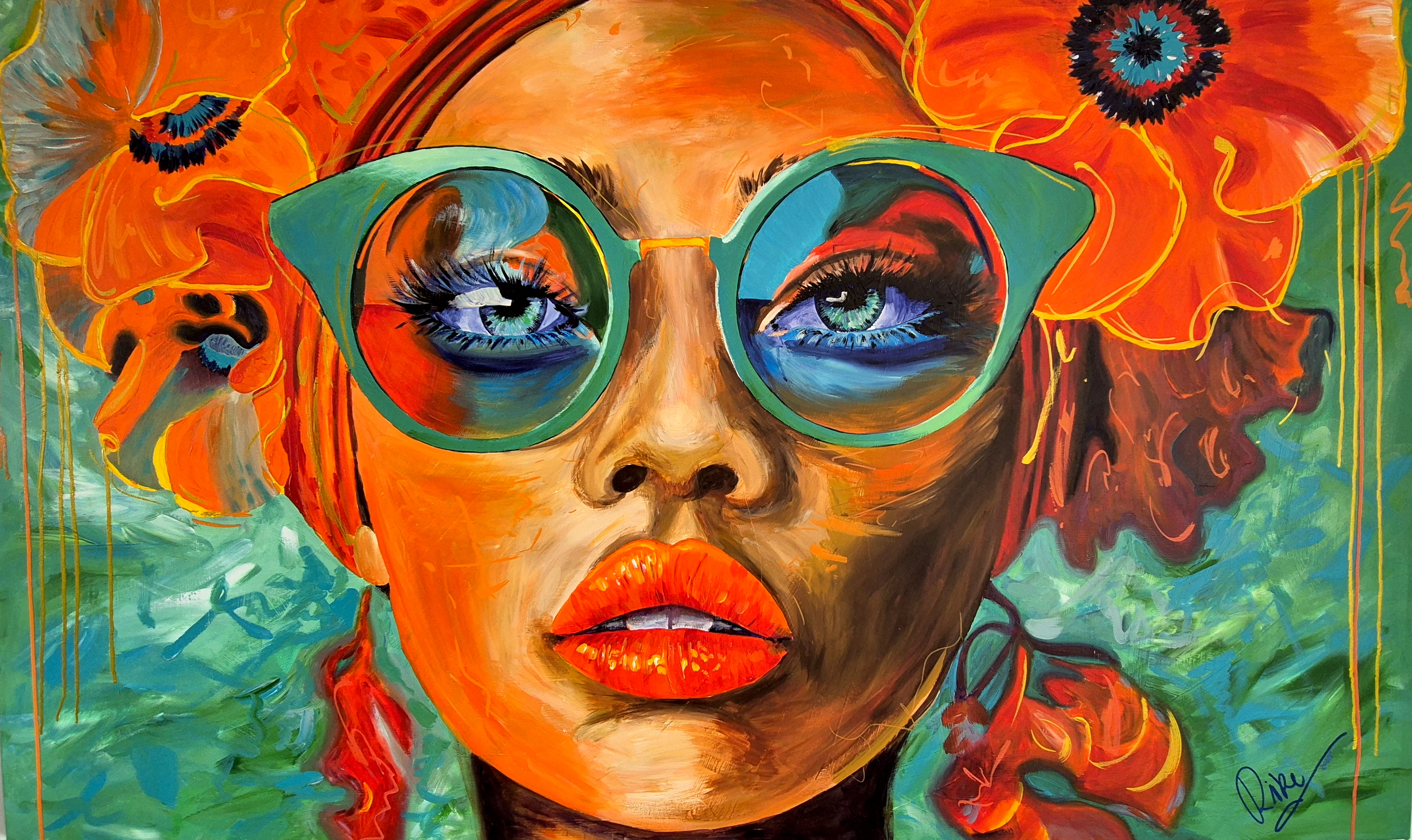 Abstraktes Gemälde von Anita Alabau („Luxuriance“): kräftiger roter Hintergrund mit zentraler, pflanzenartig geschwungener Form in Türkis, Schwarz und Weiß, ergänzt durch feine Linien und warme Akzente.