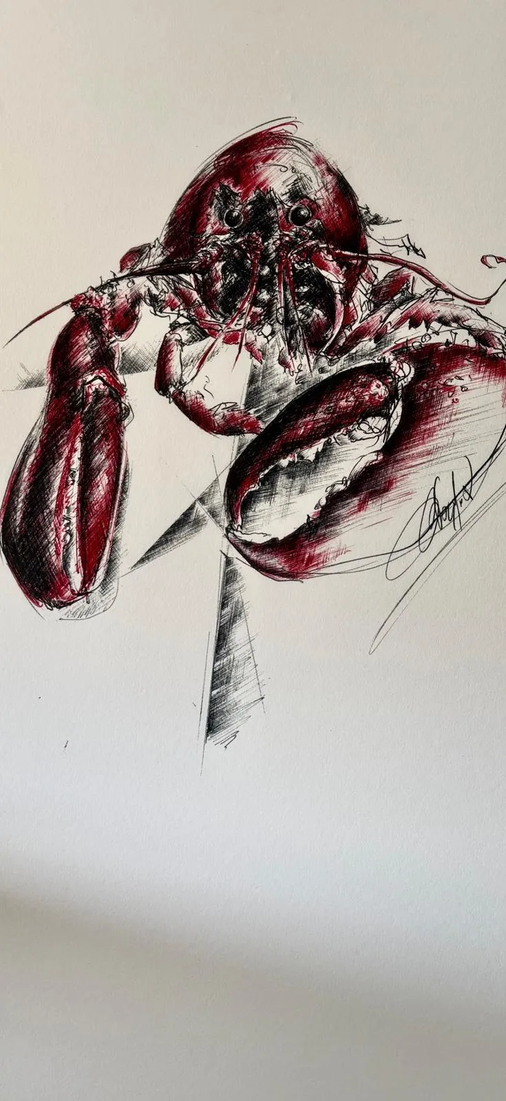 Expressive Kugelschreiberzeichnung eines roten Hummers auf weißem Hahnemühle Büttenpapier. Das Tier ist frontal dargestellt, mit kräftigen Scheren, feinen Linien und dynamischen roten und schwarzen Schraffuren.