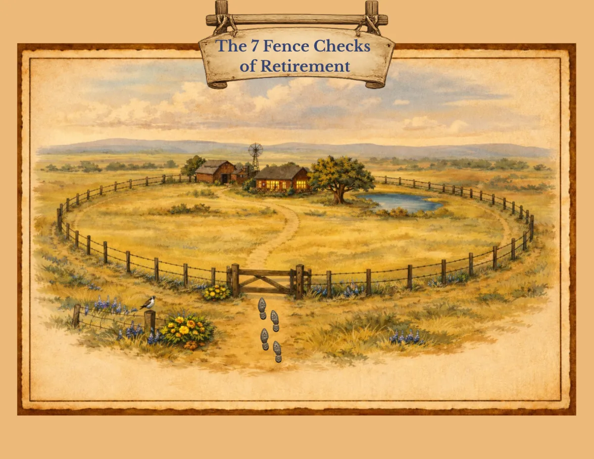 Texas ranch landscape with fence layout and 7 Fence Check banner representing retirement planning and financial protection”