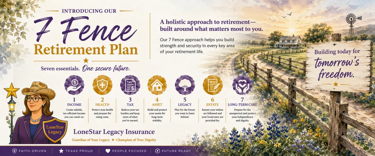 Lone Star Legacy Insurance's 7 Fence Retirement Review featuring the seven retirement fences: Income, Health, Tax, Asset, Legacy, Estate, and Long-Term Care to help families protect their retirement and independence.