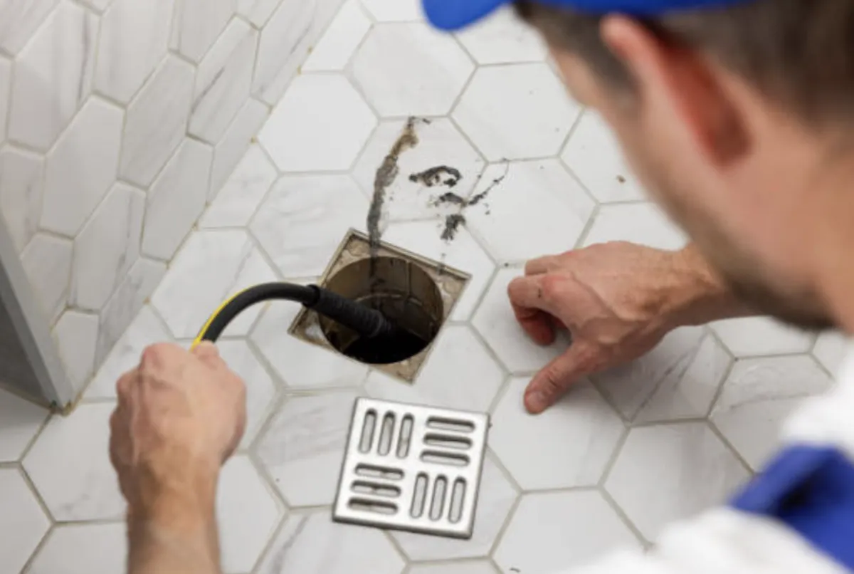 Plumber clearing and fixing shower drain