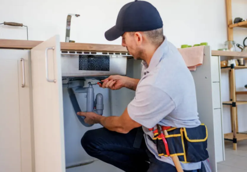 Plumber repairing toilet in residential bathroom