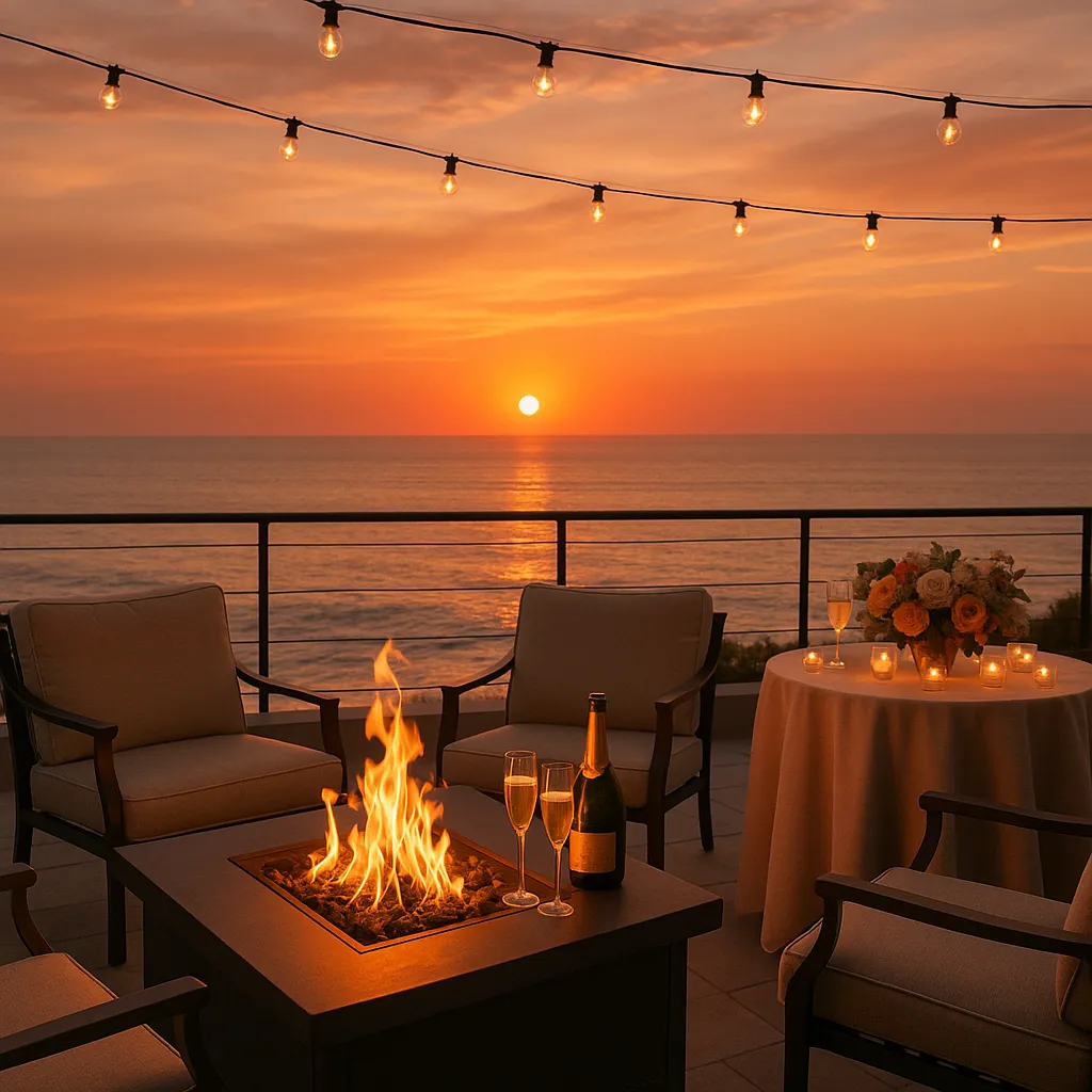 Resort hotel built into a cliff face overlooking beach.
