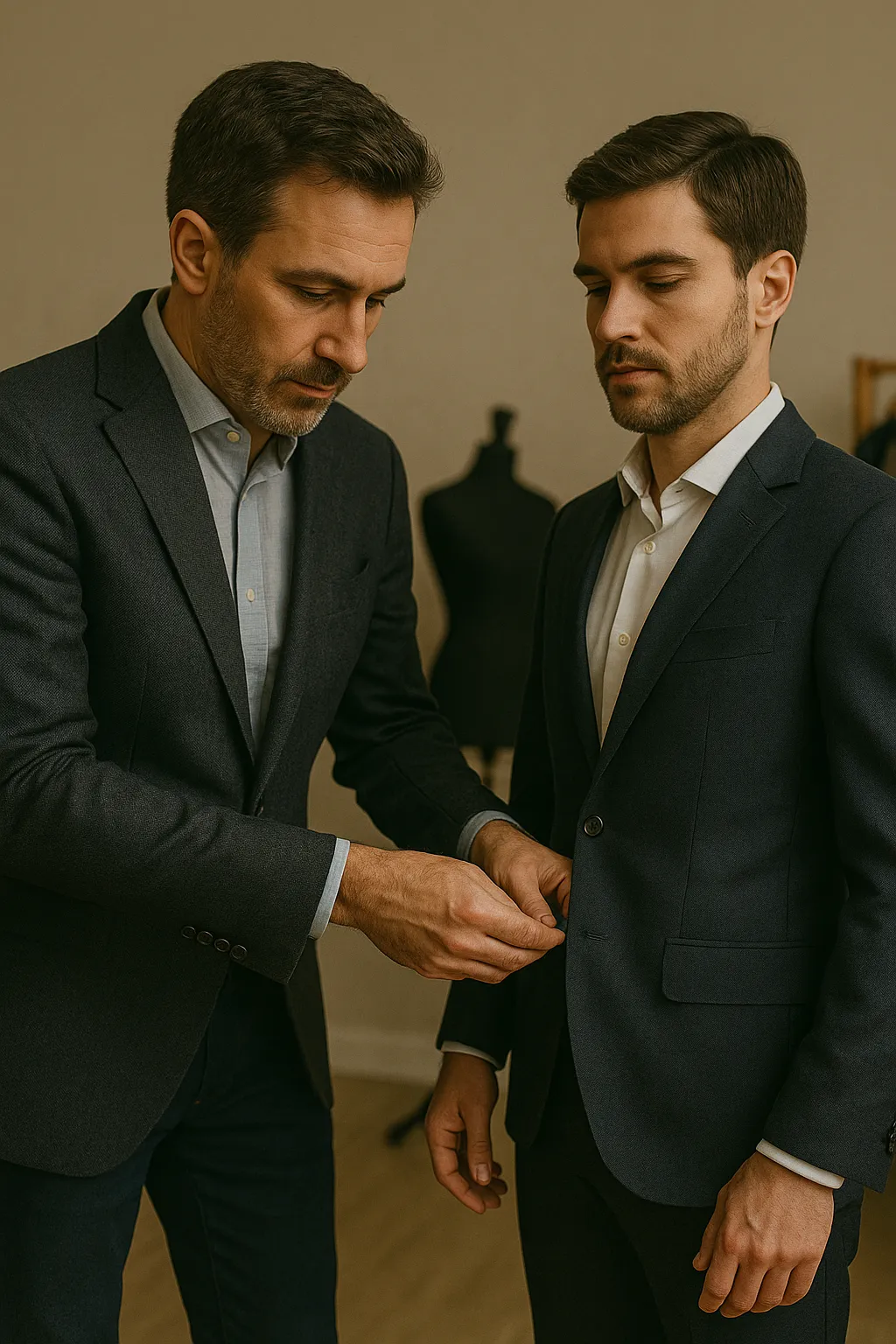 A professional tailor adjusts the button of a navy-blue suit jacket worn by a client in a warmly lit tailoring studio. Both men are dressed in formal attire, and the tailor is focused on his work, creating a sense of precision and craftsmanship. A black mannequin and hanging suits are visible in the background.