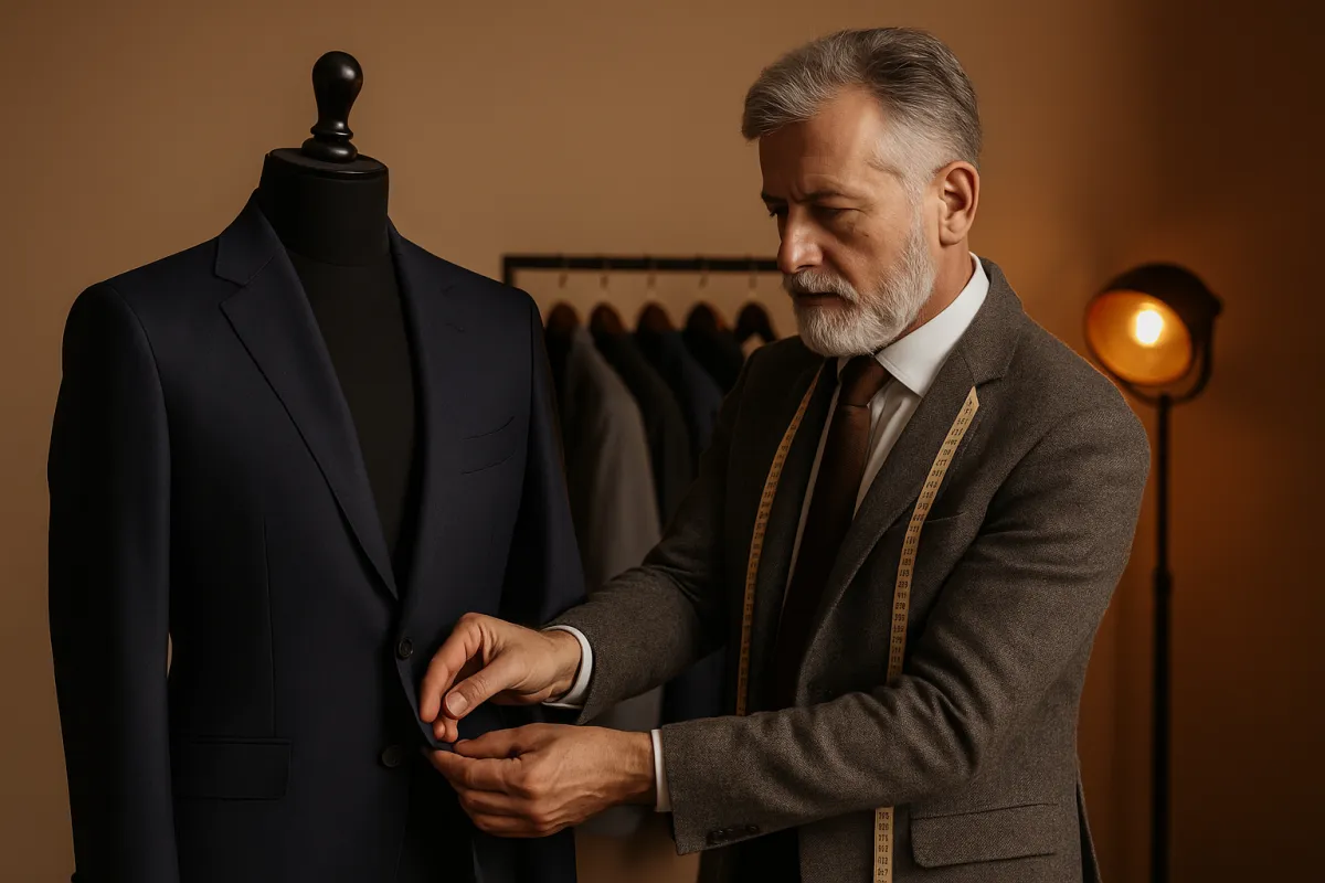  An older male tailor with gray hair and beard adjusts a navy-blue suit jacket on a mannequin in a warmly lit tailoring studio. He wears a gray tweed blazer, white shirt, and brown tie, with a measuring tape draped around his neck. A clothing rack with suits and a vintage floor lamp are visible in the background.