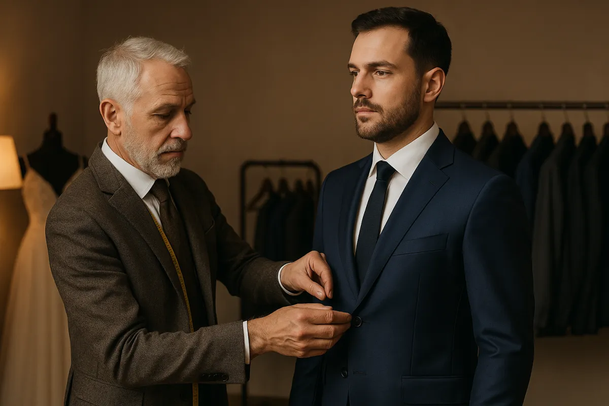 An older male tailor with white hair and beard adjusts the fit of a navy-blue suit on a younger male client in a warmly lit tailoring studio. The client stands confidently in a white shirt and dark tie, while a wedding dress and a rack of suits are visible in the background.
