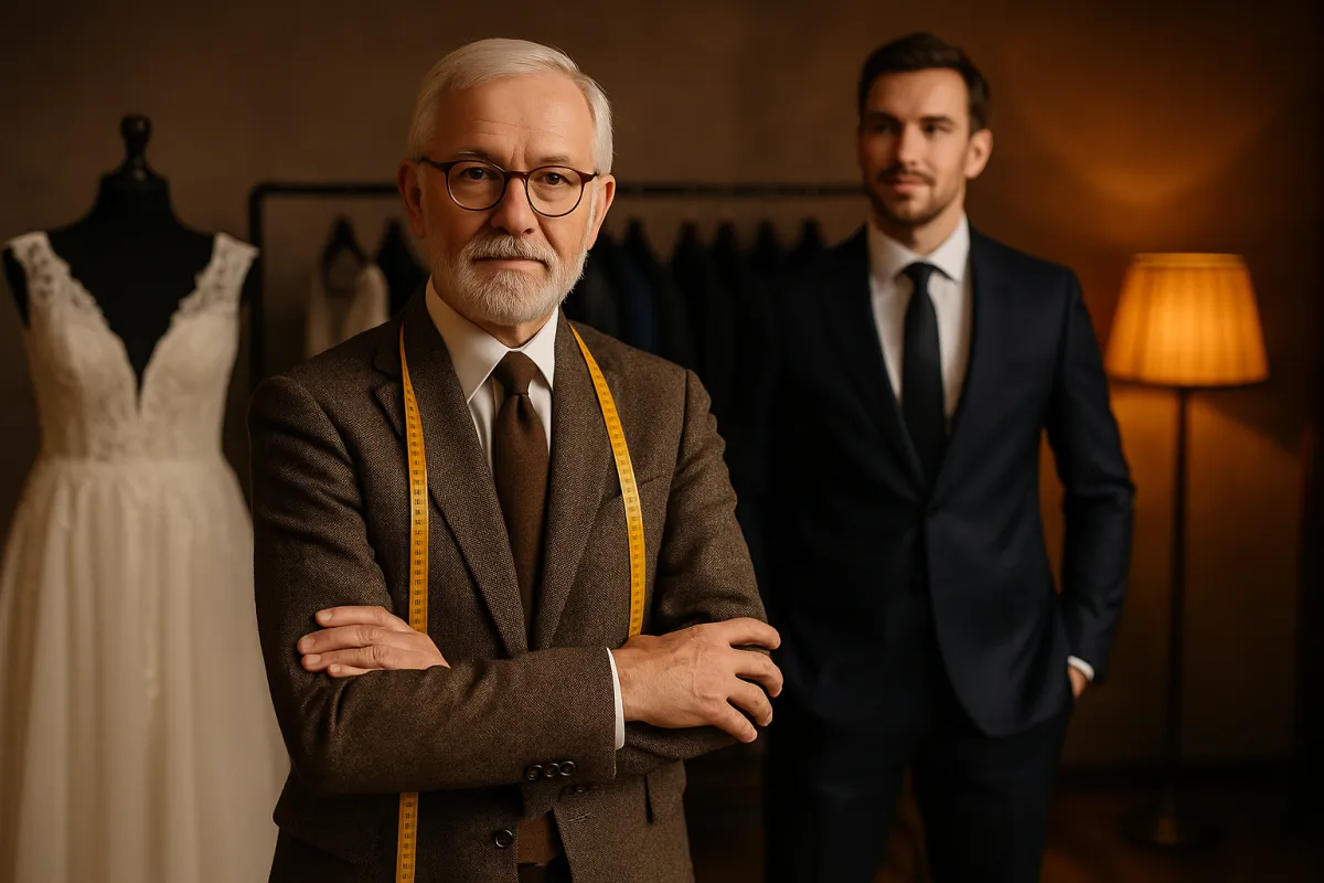 An older male tailor with white hair, glasses, and a brown tweed suit stands confidently with arms crossed in a warmly lit tailoring studio. A yellow measuring tape hangs around his neck. In the background, a younger man in a navy suit stands beside a wedding dress on a mannequin and a rack of tailored garments. A floor lamp casts a soft glow over the scene.