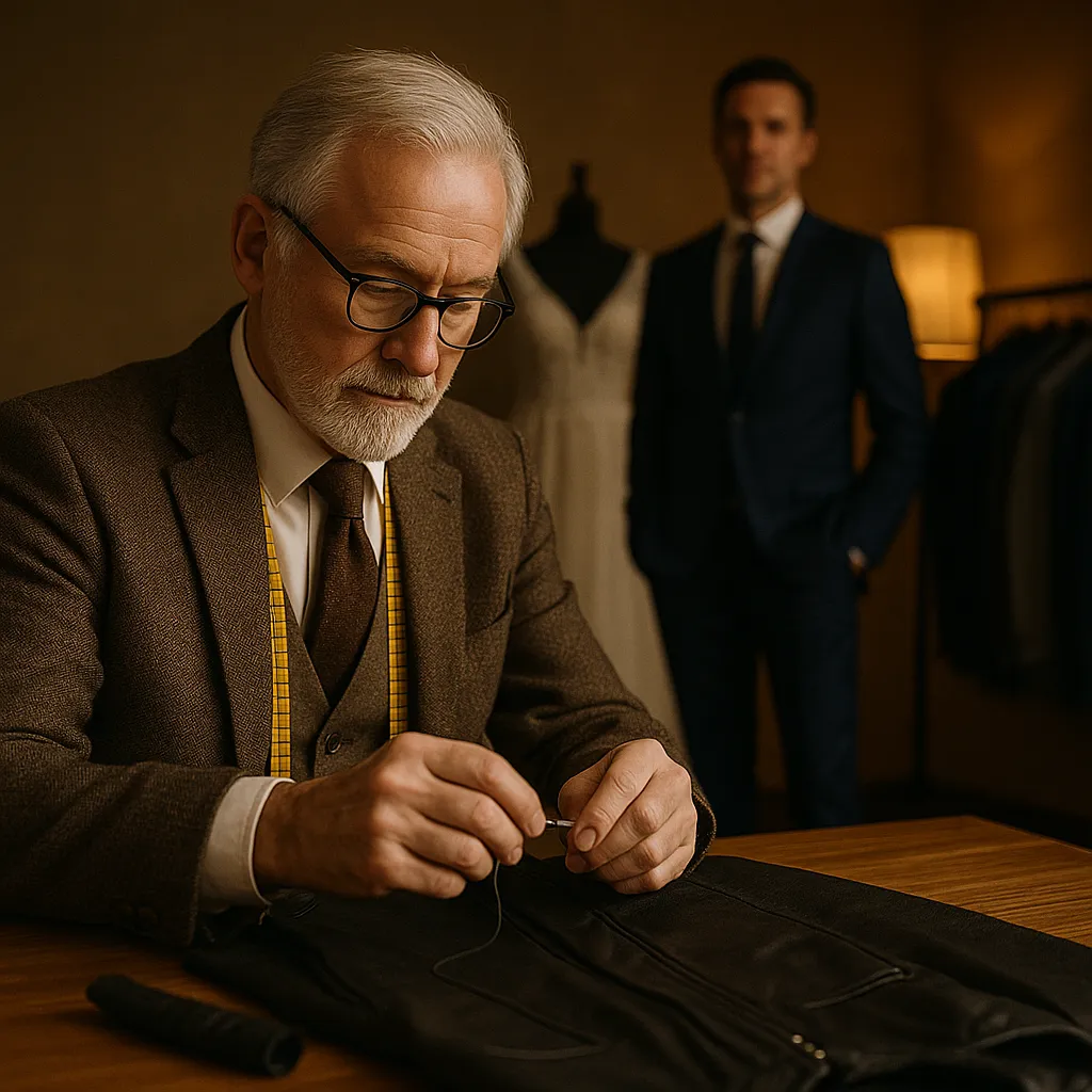 A senior male tailor with white hair and glasses sits at a wooden table, threading a needle while working on a black leather garment. He wears a brown three-piece suit with a yellow measuring tape draped around his neck. In the softly lit background, a client in a navy suit stands beside a mannequin with a wedding dress and a rack of hanging suits.