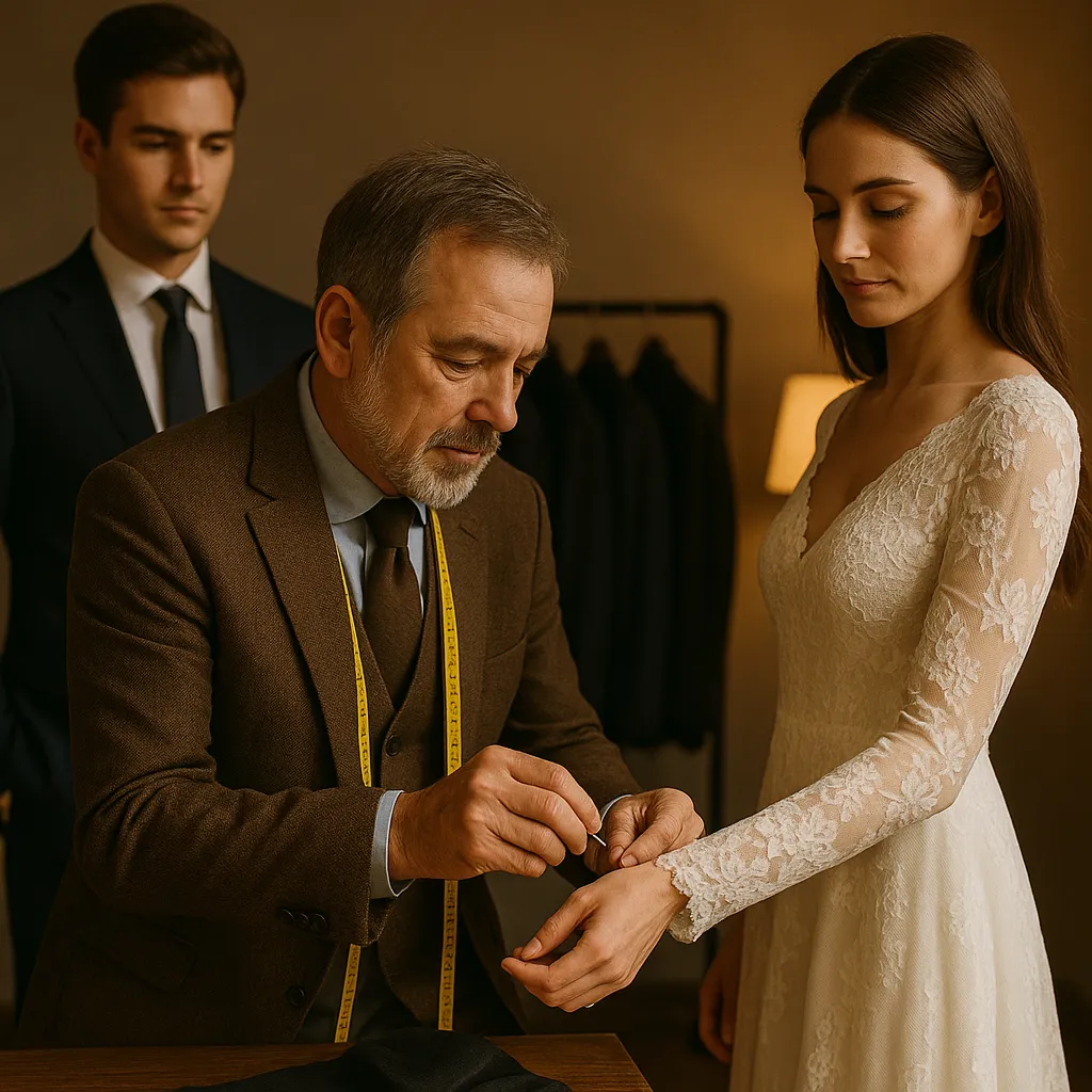 A middle-aged male tailor with short brown hair and beard adjusts the lace sleeve of a bride’s wedding gown in a softly lit tailoring studio. The bride stands calmly with her eyes downcast, while a groom in a navy suit observes in the background. The scene is warm and elegant, with suits hanging on a rack and a table in the foreground.