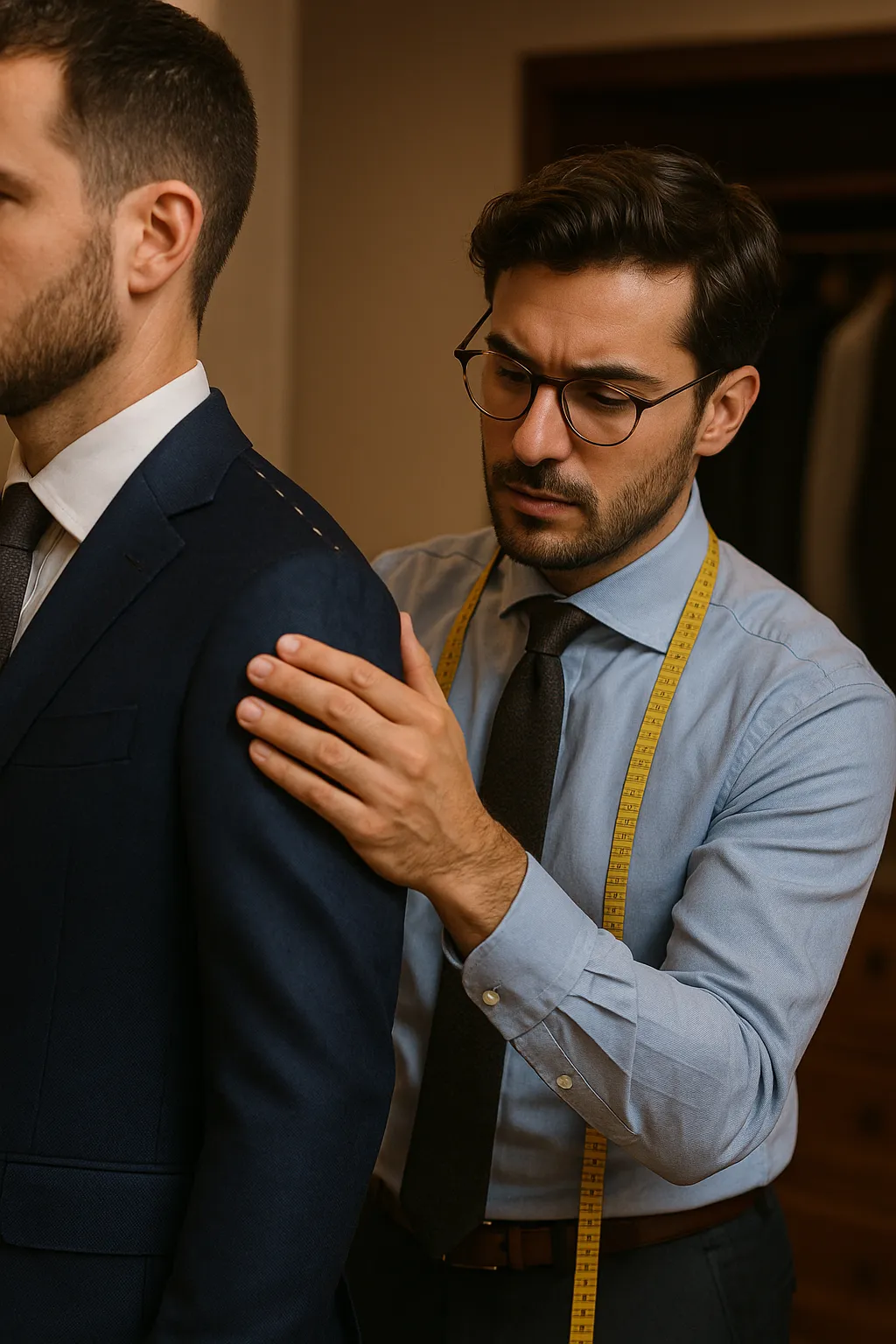 A focused male tailor with glasses and a beard adjusts the shoulder of a navy-blue suit jacket on a client in a well-lit tailoring studio. He wears a light blue shirt, dark tie, and has a yellow measuring tape draped around his neck. The image conveys expert craftsmanship and personalized service, ideal for promoting suit alterations and tailoring services in Burn Bridge and Harrogate.