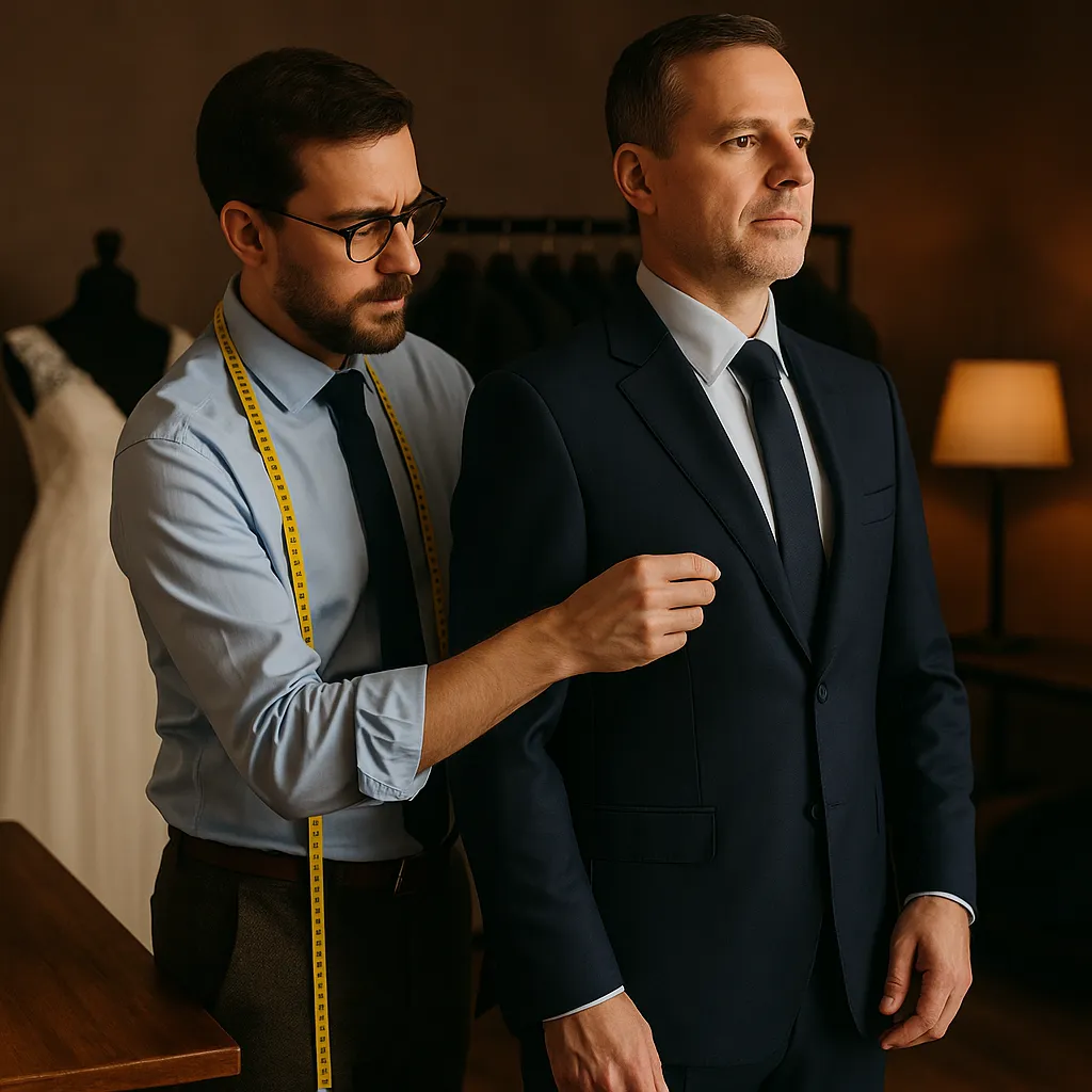 A professional tailor with glasses and a measuring tape around his neck adjusts the chest area of a navy-blue suit on a middle-aged male client in a softly lit tailoring studio. In the background, a wedding dress on a mannequin, a wooden table, and a rack of hanging suits complete the refined setting.