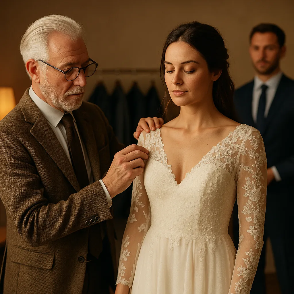 An older male tailor with white hair and glasses adjusts the lace neckline of a young bride’s wedding dress in a warmly lit tailoring studio. The bride stands calmly with her eyes closed, while a groom in a navy suit watches from the background. A rack of suits and soft lighting enhance the elegant, professional setting.