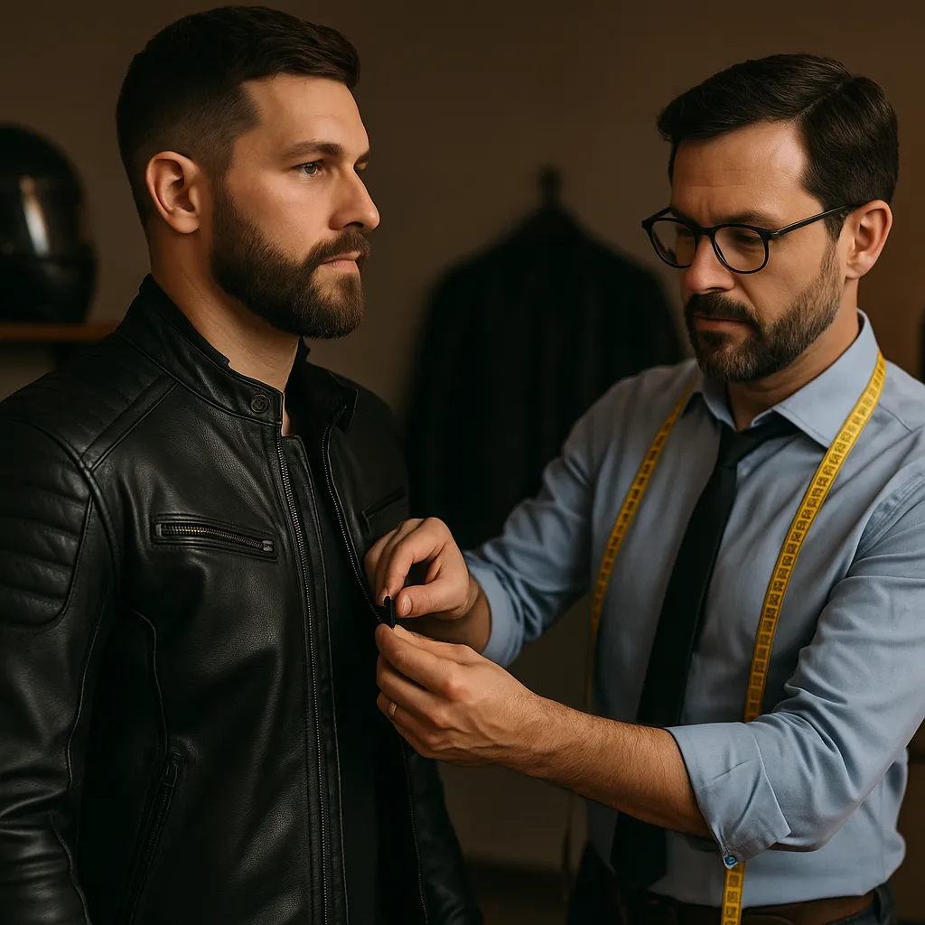  A middle-aged male tailor with glasses and a beard adjusts the zipper of a black leather motorcycle jacket on a male customer with a trimmed beard in a warmly lit tailoring studio. The customer stands in profile, while a motorcycle helmet and leather jacket hang in the background, emphasizing the shop’s focus on custom motorbike apparel.