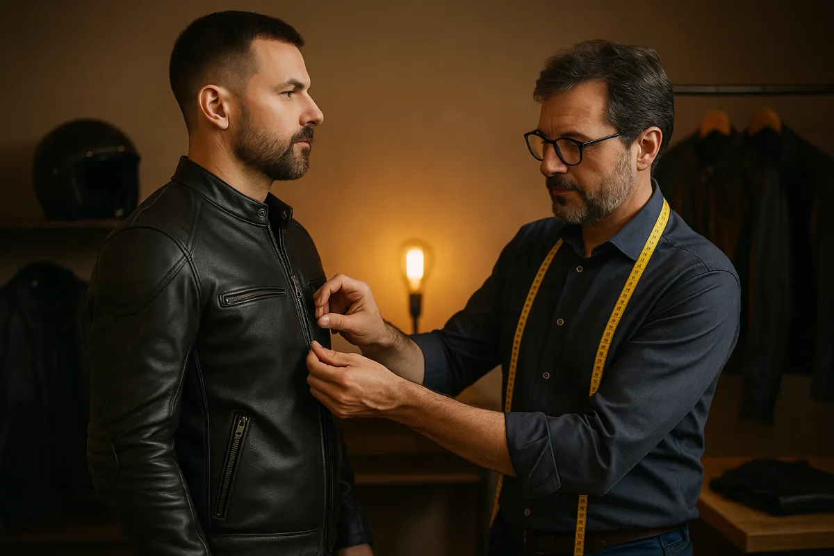 A middle-aged male tailor with glasses and a beard adjusts the chest fit of a black leather motorcycle jacket on a customer in a dimly lit tailoring studio. The customer, with a trimmed beard and short hair, stands confidently in profile. A motorcycle helmet and leather jackets are visible in the background, highlighting the shop's specialization in custom motorbike apparel.