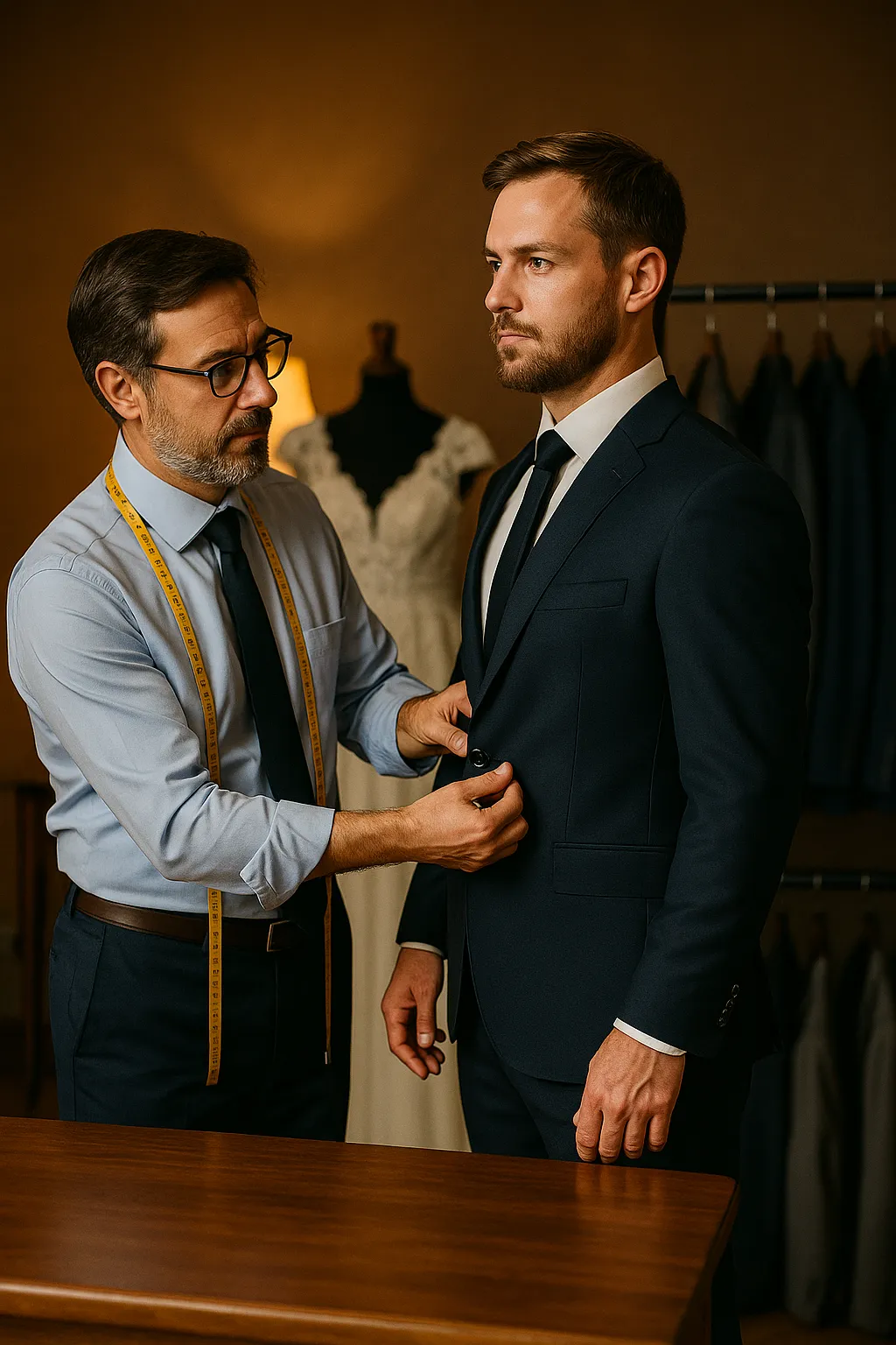 A professional tailor with glasses and a beard adjusts the button of a navy-blue suit jacket worn by a young male client in a softly lit tailoring studio. The tailor wears a light blue shirt and dark tie, with a yellow measuring tape around his neck. A lace wedding dress on a mannequin and a rack of suits are visible in the background, creating a warm, refined atmosphere.