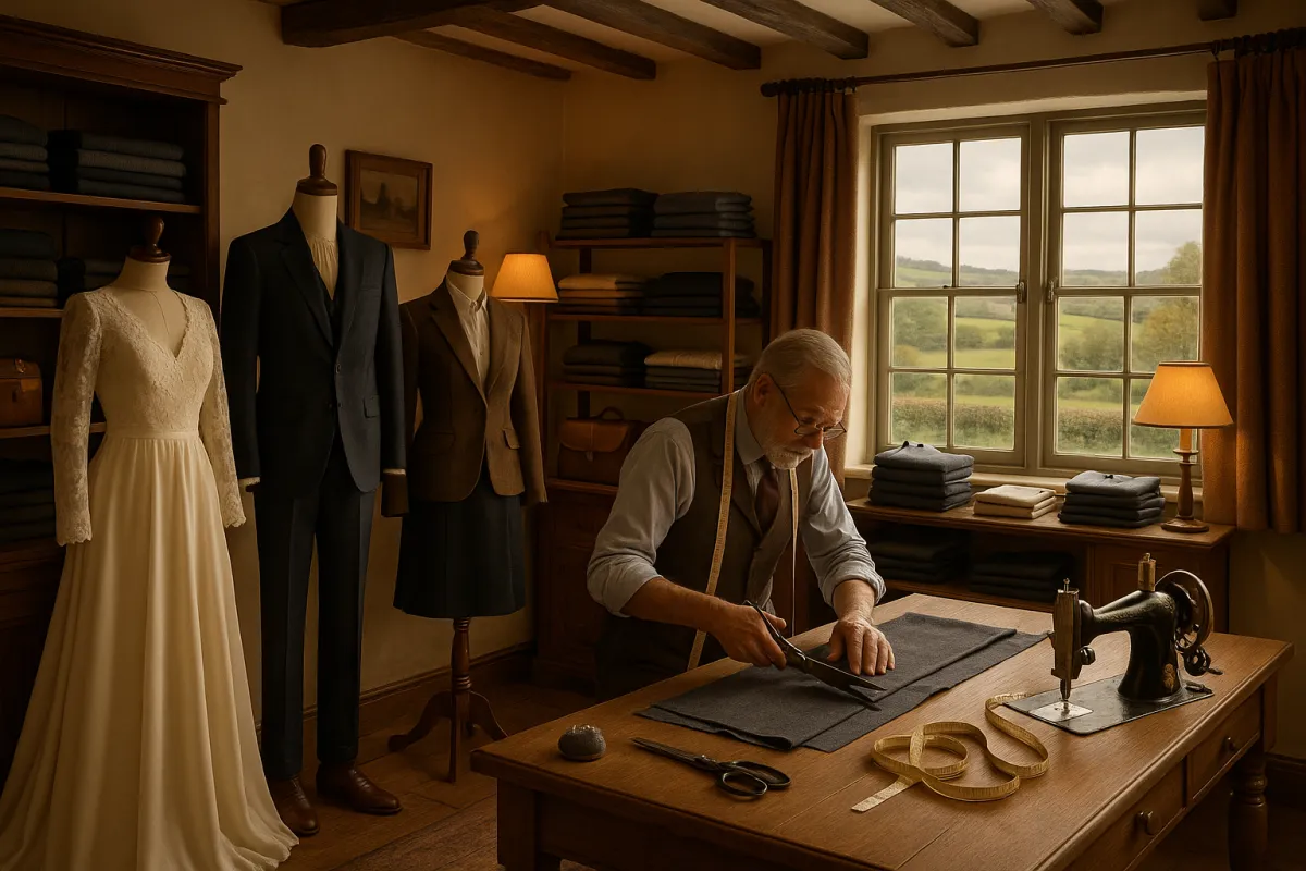 A cozy and elegant tailoring studio in a quaint English village, featuring a master tailor cutting fabric at a wooden table. The room includes mannequins dressed in a bridal gown, men's suit, and women's business attire, surrounded by tailoring tools like scissors, measuring tape, and a vintage sewing machine. Shelves display neatly folded trousers, shirts, and leather accessories, while a large window reveals rolling countryside, adding warmth and tradition to the scene.