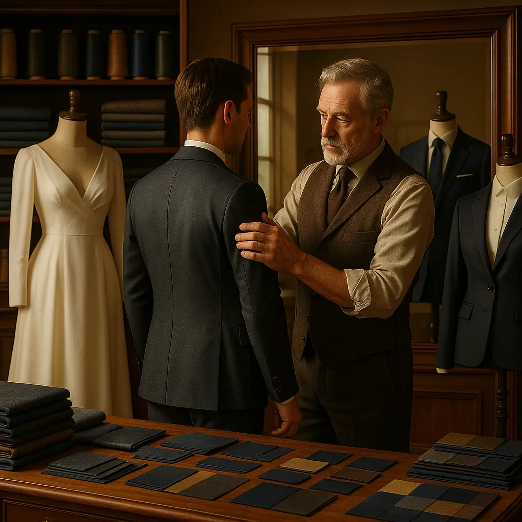 A refined tailoring studio scene where an older tailor gently adjusts the fit of a custom dark suit on a younger male client standing before a large mirror. The room features warm lighting, polished wood furnishings, and displays of fabric swatches on a table. In the background, mannequins showcase a white bridal gown and a navy business suit, while shelves are lined with spools of thread and folded textiles. The ambiance conveys craftsmanship, elegance, and a timeless sense of transformation.