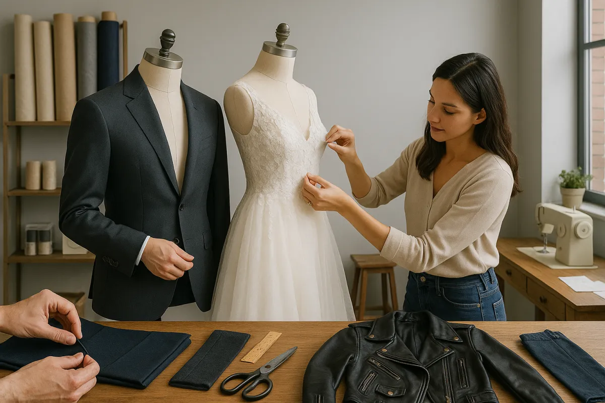 A modern tailor shop interior featuring a charcoal suit jacket on a mannequin beside a wedding dress being pinned by a seamstress. On the table are sewing tools, folded fabric, a black leather motorcycle jacket, and a pair of hands working on trousers. In the background, fabric rolls, a sewing machine, and natural light from a window create a professional yet welcoming workspace.
