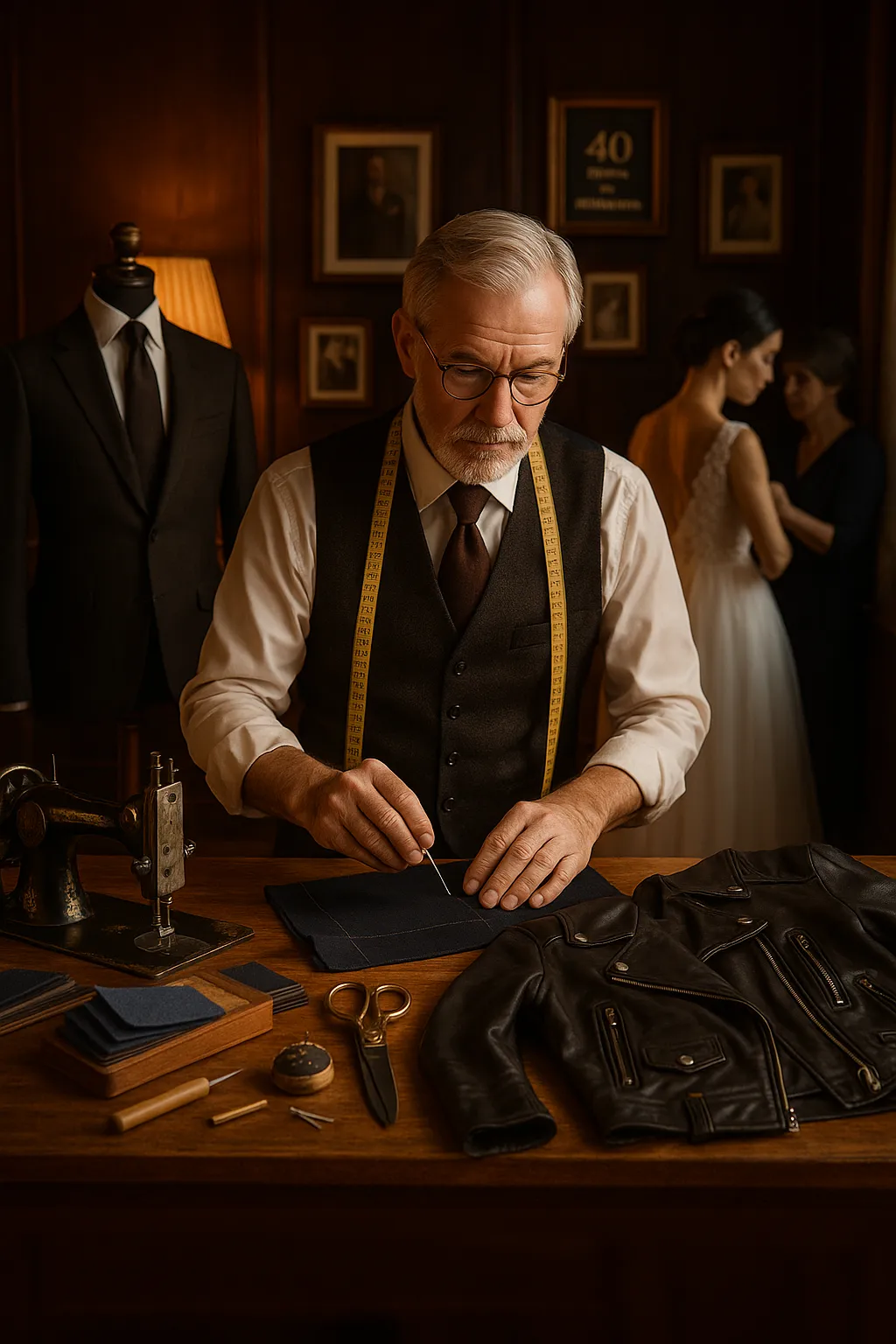 An elegant tailor shop scene featuring an experienced tailor in his sixties working intently on a bespoke suit under warm lighting. He wears a waistcoat with a measuring tape around his neck, surrounded by fabric swatches, vintage sewing tools, and a leather biker jacket laid out for repair. Behind him, a business suit is displayed on a mannequin and a bride is being fitted by another seamstress. Framed photos and a “40 Years in Tailoring” sign adorn the wood-paneled wall, evoking tradition, skill, and personal service.