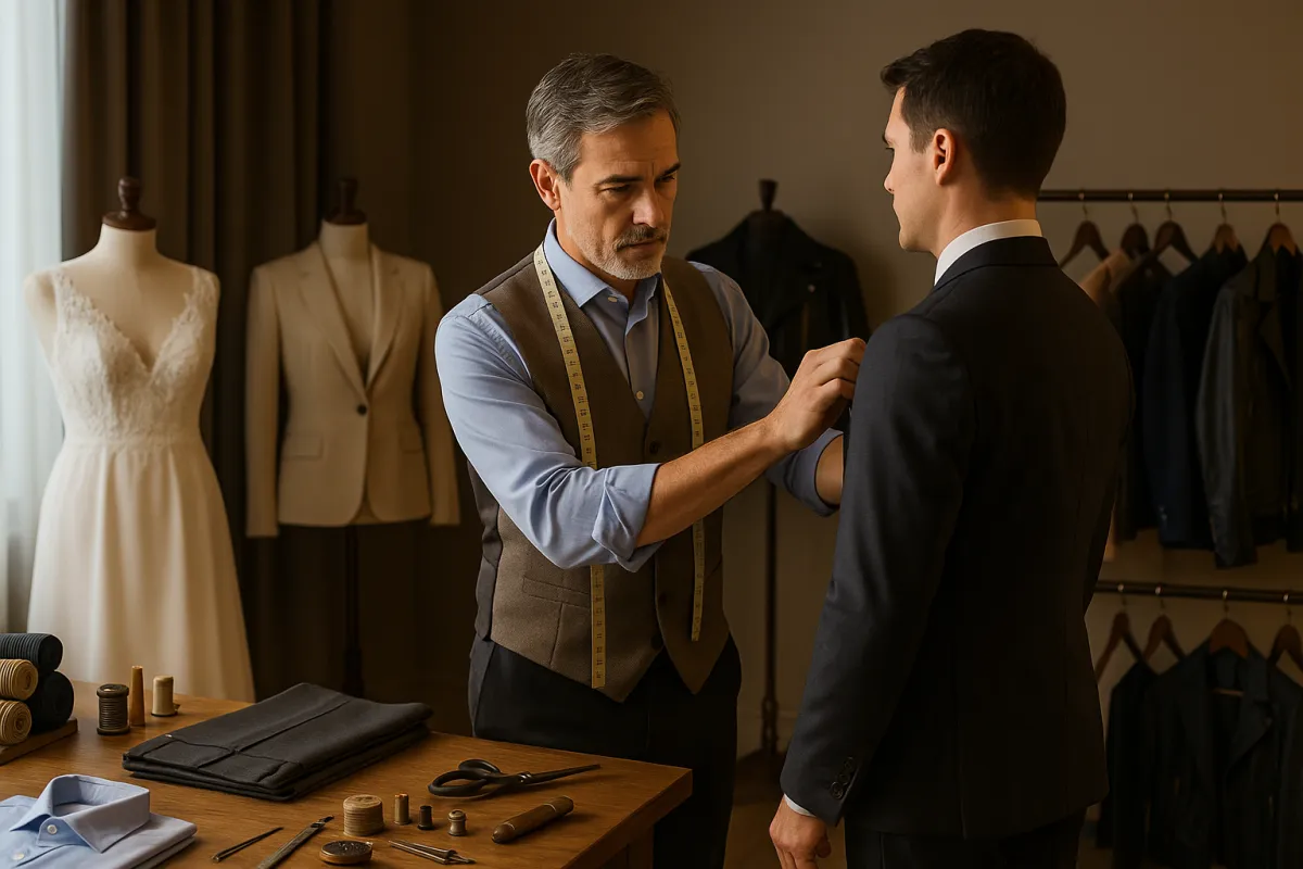 A refined tailoring studio with soft lighting and warm tones shows a middle-aged male tailor carefully adjusting a client’s suit jacket. The tailor wears a brown vest and blue shirt with a measuring tape around his neck, focused on achieving a perfect fit. The room features premium fabrics, folded trousers, a light shirt, vintage sewing tools, and mannequins dressed in a wedding gown and beige blazer. In the background, a clothing rack displays finished garments including suits and a leather jacket. The atmosphere conveys elegance, trust, and expert craftsmanship.