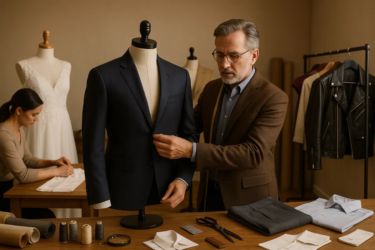 A high-end tailoring studio near Goldsborough with warm lighting shows a male tailor in his mid-50s adjusting a navy suit jacket on a mannequin. A seamstress nearby delicately works on a wedding dress laid out on a table. The workspace is neatly organized with folded trousers, shirt collars and cuffs ready for tailoring, fabric rolls, thread spools, and classic tailoring tools like scissors and a measuring tape. A leather motorcycle jacket hangs on a nearby rack, and the overall setting feels calm, professional, and elegantly appointed—clearly distinct from a typical dry cleaner’s space.
