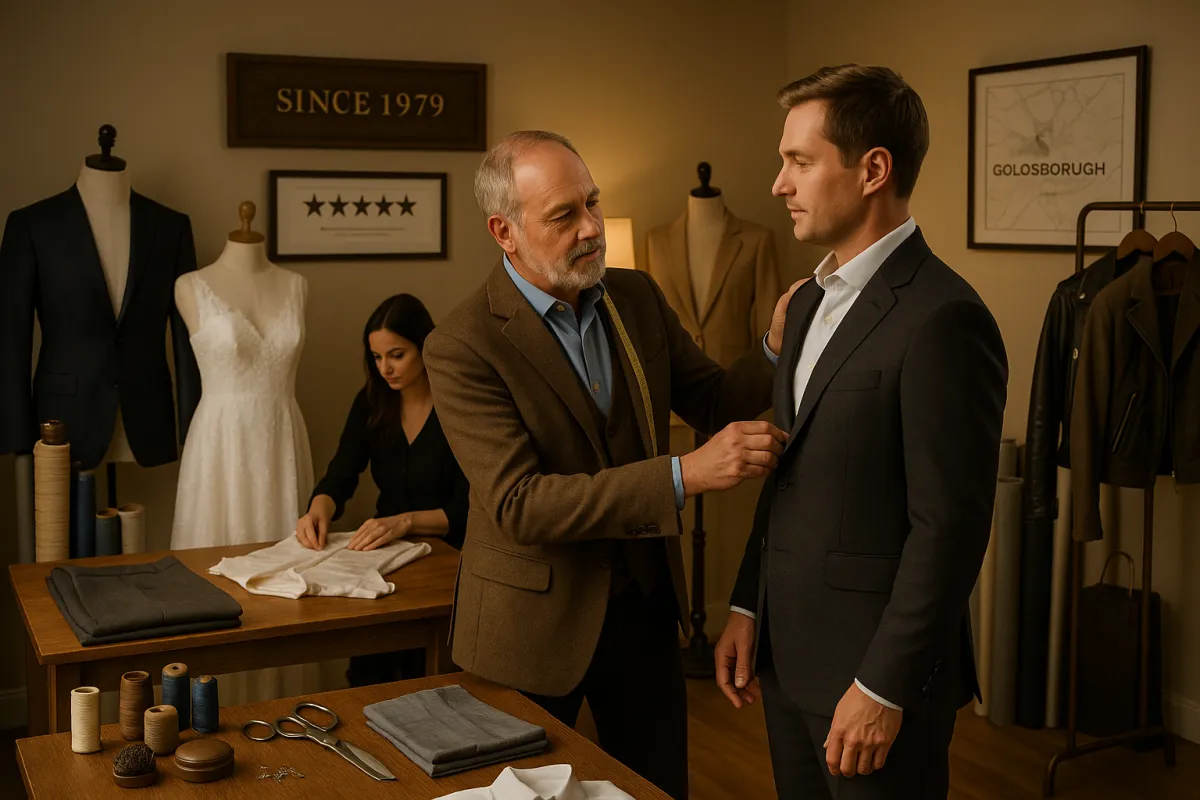  A timeless tailoring studio near Goldsborough with warm, soft lighting shows an experienced tailor in his 60s adjusting a charcoal suit jacket on a younger male client during a private fitting. The workspace features elegant wooden furniture, fine fabrics, and classic tailoring tools including thread spools and large scissors. A seamstress in the background prepares a white shirt beside a wedding dress on a mannequin. Other garments, like a beige blazer and a leather motorcycle jacket, are neatly displayed. Framed five-star reviews, a “Since 1979” sign, and a Goldsborough map add heritage and trust to the refined setting.