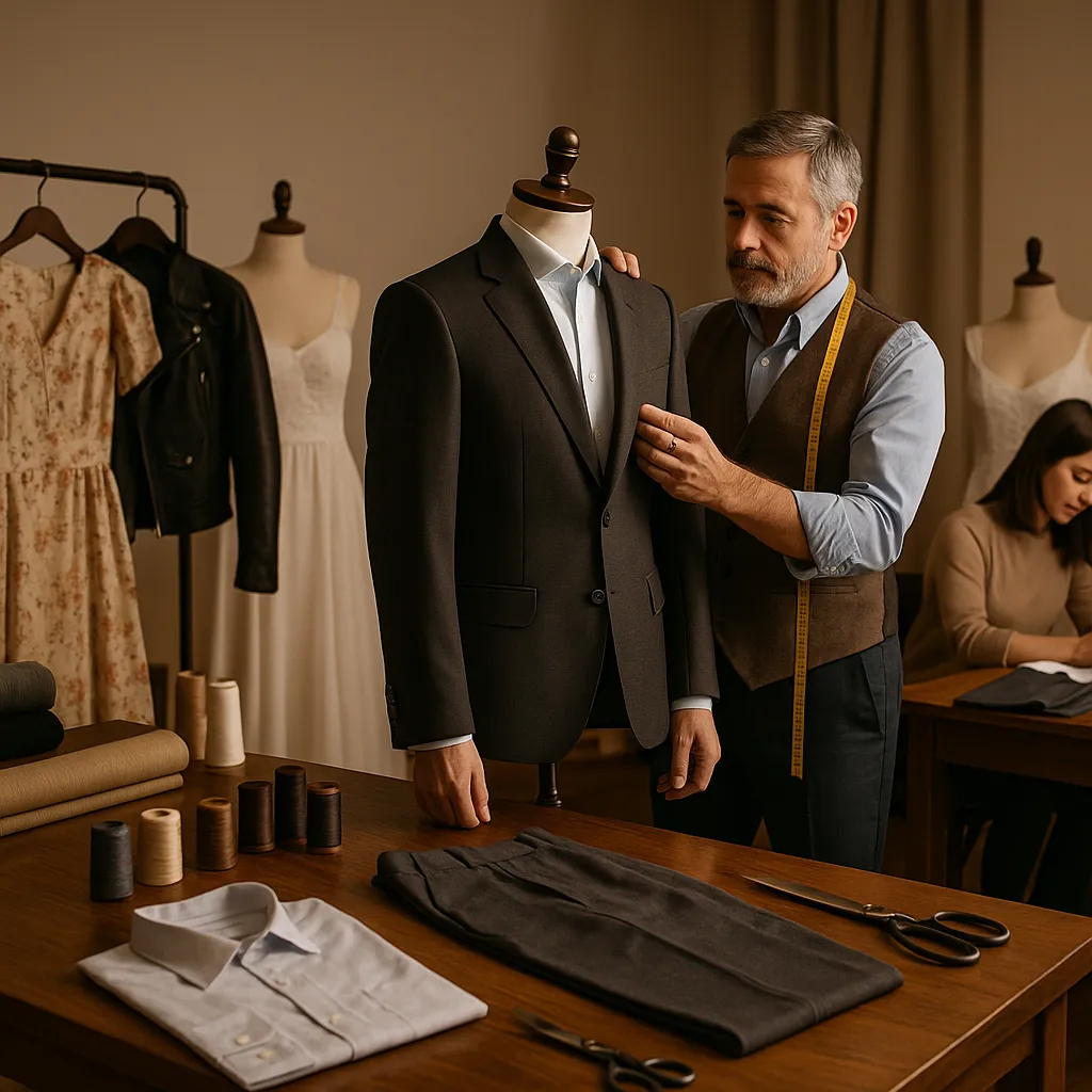 A polished tailoring studio near Scriven with warm wooden furniture and soft lighting shows a skilled male tailor in his 50s adjusting a dark gray suit jacket on a mannequin. A wedding dress is being altered by a seamstress in the background, while vintage-style dresses and a leather motorcycle jacket hang nearby. The worktable is neatly arranged with trousers, a folded shirt being reshaped, sewing scissors, thread spools, fabric rolls, and other precision tools. The environment feels refined, inviting, and expert-led—catering to both casual and formal tailoring with care and sophistication.
