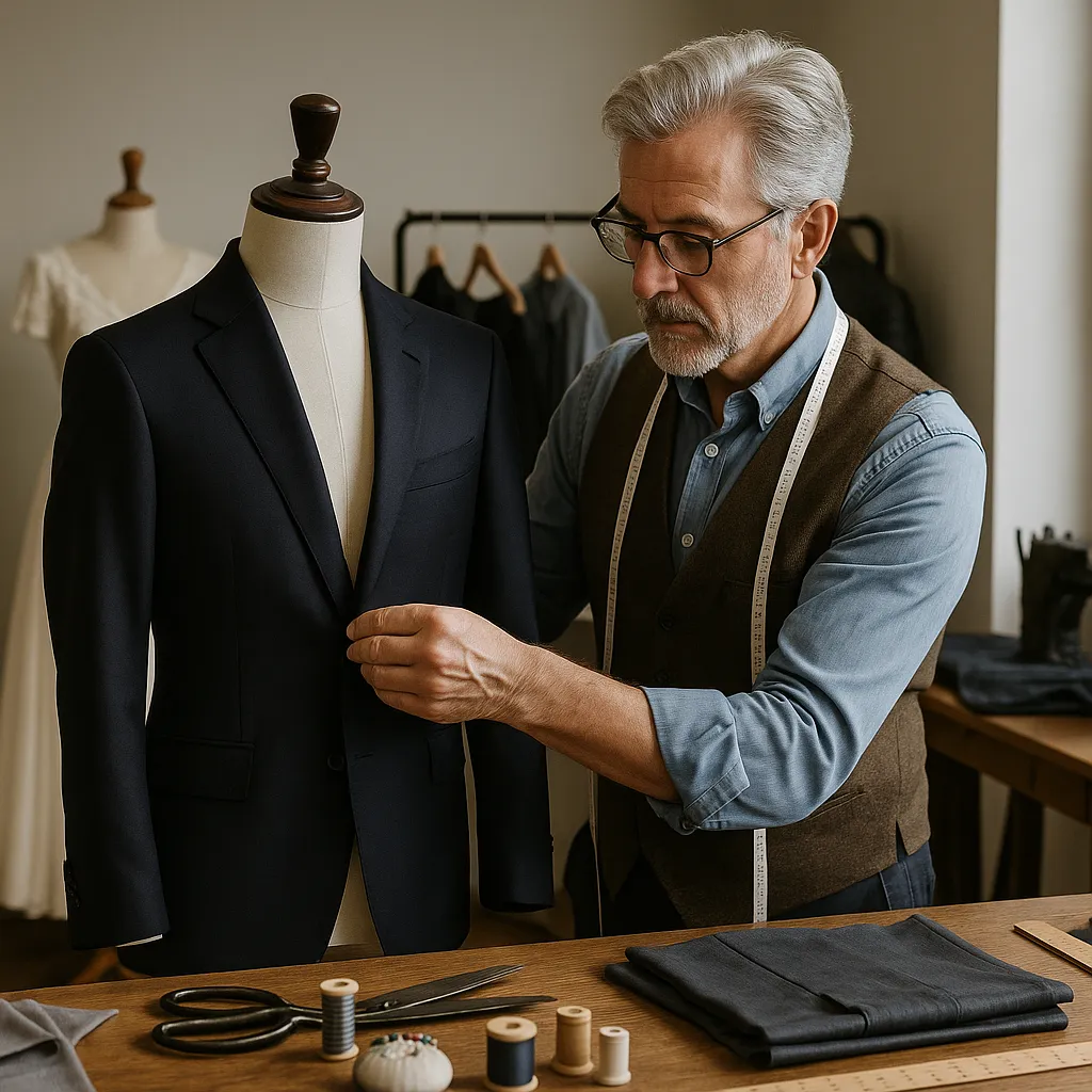 An elderly tailor with silver hair and glasses carefully adjusts the lapel of a navy-blue suit jacket on a mannequin in a sunlit tailoring studio. He wears a brown vest and blue shirt with a measuring tape around his neck. The workspace features a wooden table with folded fabric, scissors, thread spools, and a pincushion. In the background, a wedding dress is displayed on a dress form, and garments hang neatly on a rack. Natural light from a large window enhances the studio’s calm, precise, and professional atmosphere.