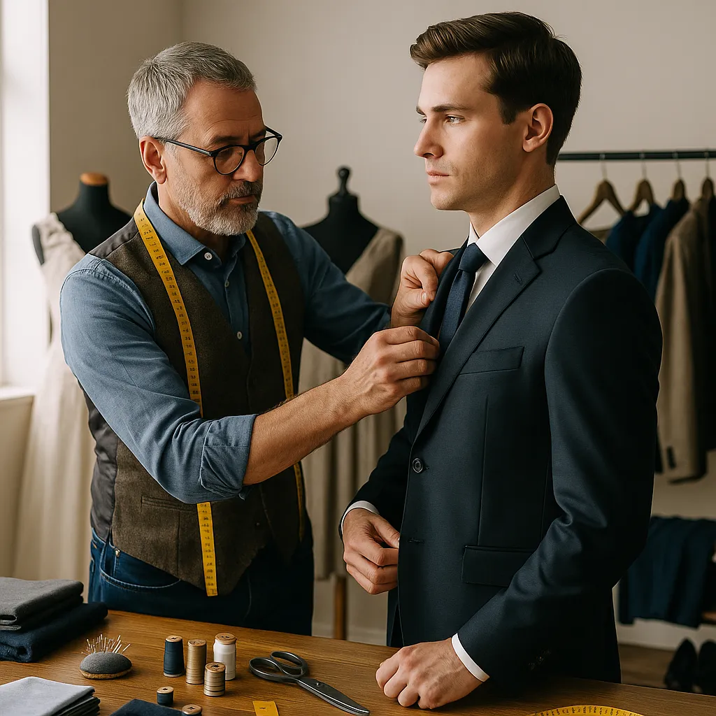 A professional tailoring studio shows a middle-aged tailor with graying hair and glasses adjusting the lapel of a young man's navy blue suit jacket. The tailor wears a denim shirt, brown vest, and yellow measuring tape around his neck. The setting is warm and well-lit, with a worktable in the foreground holding tailoring tools like scissors, thread spools, a measuring tape, and fabric. In the background, a wedding gown is displayed alongside suits and garments on hangers, reflecting a space focused on detailed, high-quality craftsmanship.