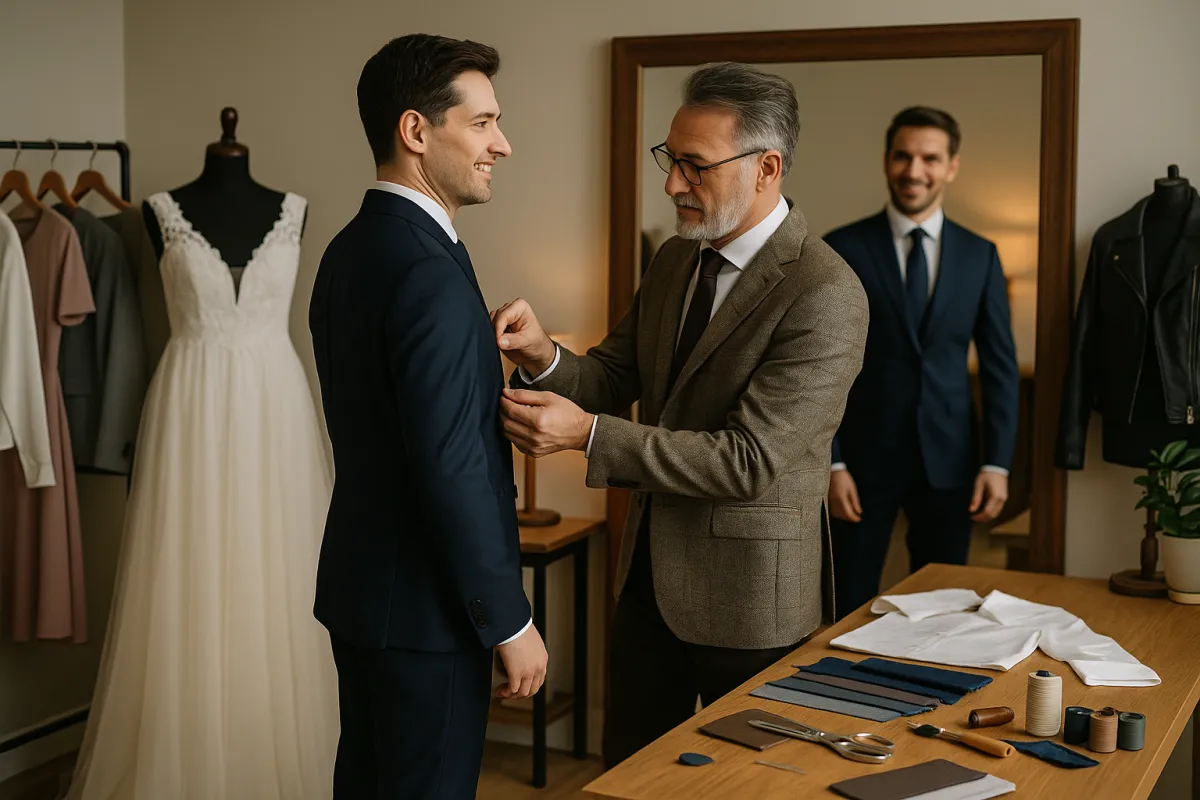 A refined tailoring studio with soft lighting and elegant décor shows a middle-aged tailor in a brown suit jacket adjusting a navy blue suit on a smiling young client in front of a full-length mirror. The mirror reflects the client’s full appearance, while the workspace includes a wooden table with tailoring tools, fabric swatches, and folded shirts. In the background, garments including a wedding dress, casual dresses, and a leather motorcycle jacket hang neatly. The scene conveys warmth, professionalism, and personalized craftsmanship.