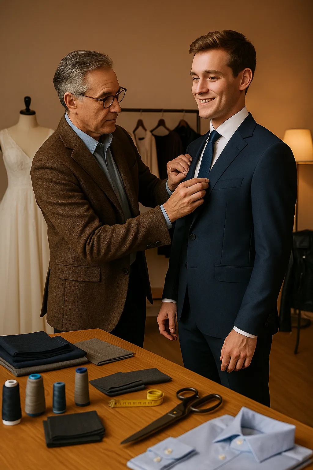 A skilled tailor in a brown blazer adjusts a young client’s navy blue suit jacket during a fitting inside a classic tailoring studio. The client smiles confidently while standing near a worktable neatly arranged with fabric swatches, thread spools, tailoring scissors, a measuring tape, and a light blue shirt. In the background, a wedding dress is displayed on a mannequin and various garments hang on a rack, reflecting a high-quality, professional tailoring environment. This warm, inviting scene conveys expert craftsmanship, personal service, and attention to detail
