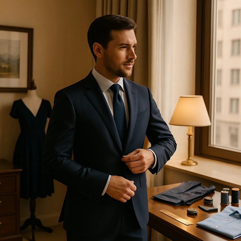 A confident man in his early thirties wearing a freshly tailored navy-blue suit stands in a stylish hotel room, adjusting his cufflink as he prepares for an important business meeting. He is bathed in natural light from a large window, with a lamp, fabric swatches, thread spools, and a folded shirt neatly arranged on a nearby table. A mannequin with a navy dress stands in the background, adding a touch of sophistication.