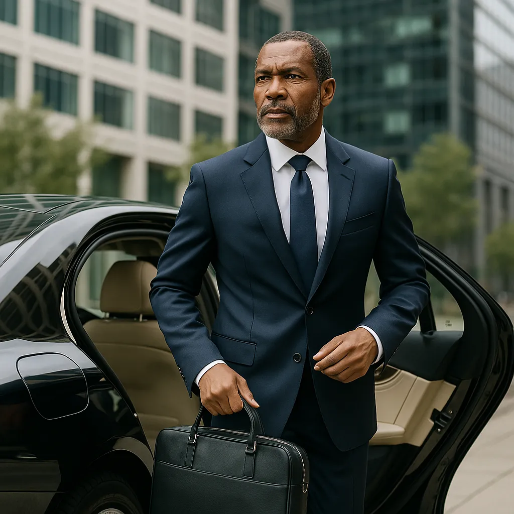 A confident middle-aged African American businessman steps out of a sleek black sedan in a modern urban setting, dressed in a tailored navy blue suit and holding a black leather briefcase. He looks ahead with focus and determination, standing against a backdrop of glass office buildings and city streets.