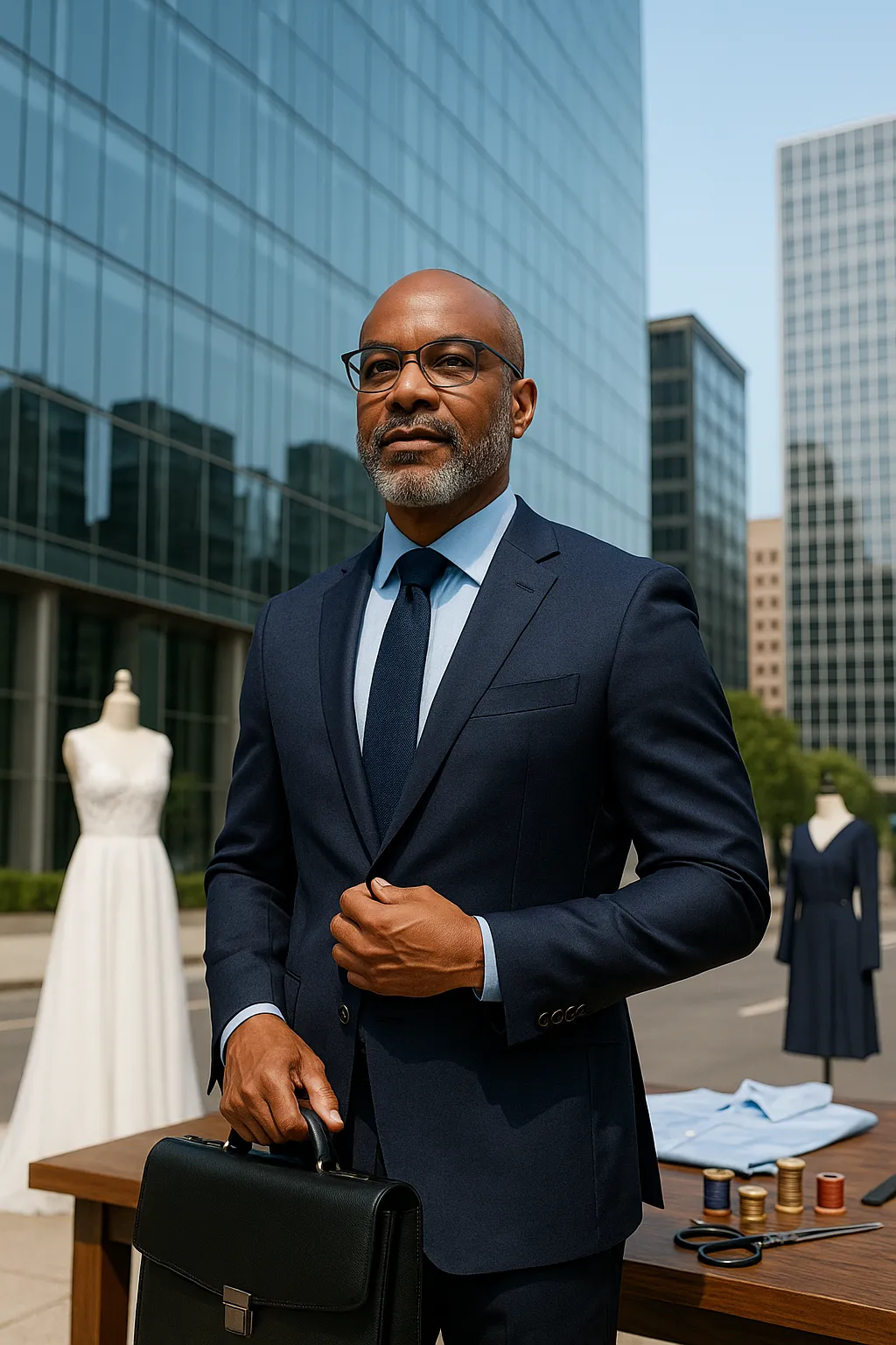 An African American businessman stands confidently in front of a modern glass office building, wearing a tailored navy suit, light blue shirt, and dark tie. He holds a black leather briefcase and adjusts his jacket with a poised expression. The background includes mannequins displaying a white wedding dress and a navy dress, along with a table featuring sewing tools, thread spools, scissors, and a folded shirt—suggesting a blend of fashion, tailoring, and business professionalism. Ideal for SEO targeting executive fashion, urban tailoring, and luxury men’s suits.