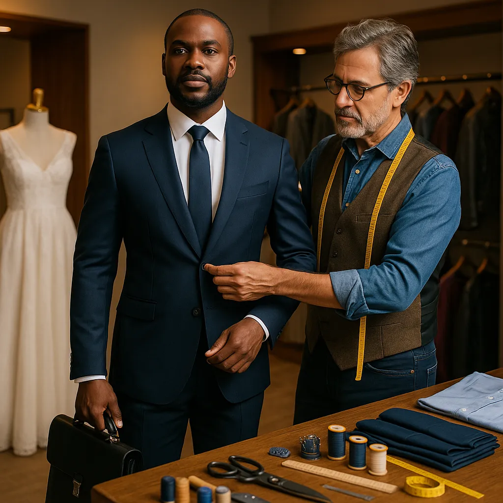 An African American man in a tailored navy blue suit stands confidently inside a high-end tailor shop, holding a black leather briefcase. A seasoned male tailor with gray hair and glasses adjusts the suit’s fit with care. The workspace is warmly lit and well-organized, featuring a table with tailoring tools, fabric swatches, thread spools, scissors, and a folded shirt. Behind them, a white wedding dress and neatly hung garments on racks create an atmosphere of precision, professionalism, and luxury tailoring