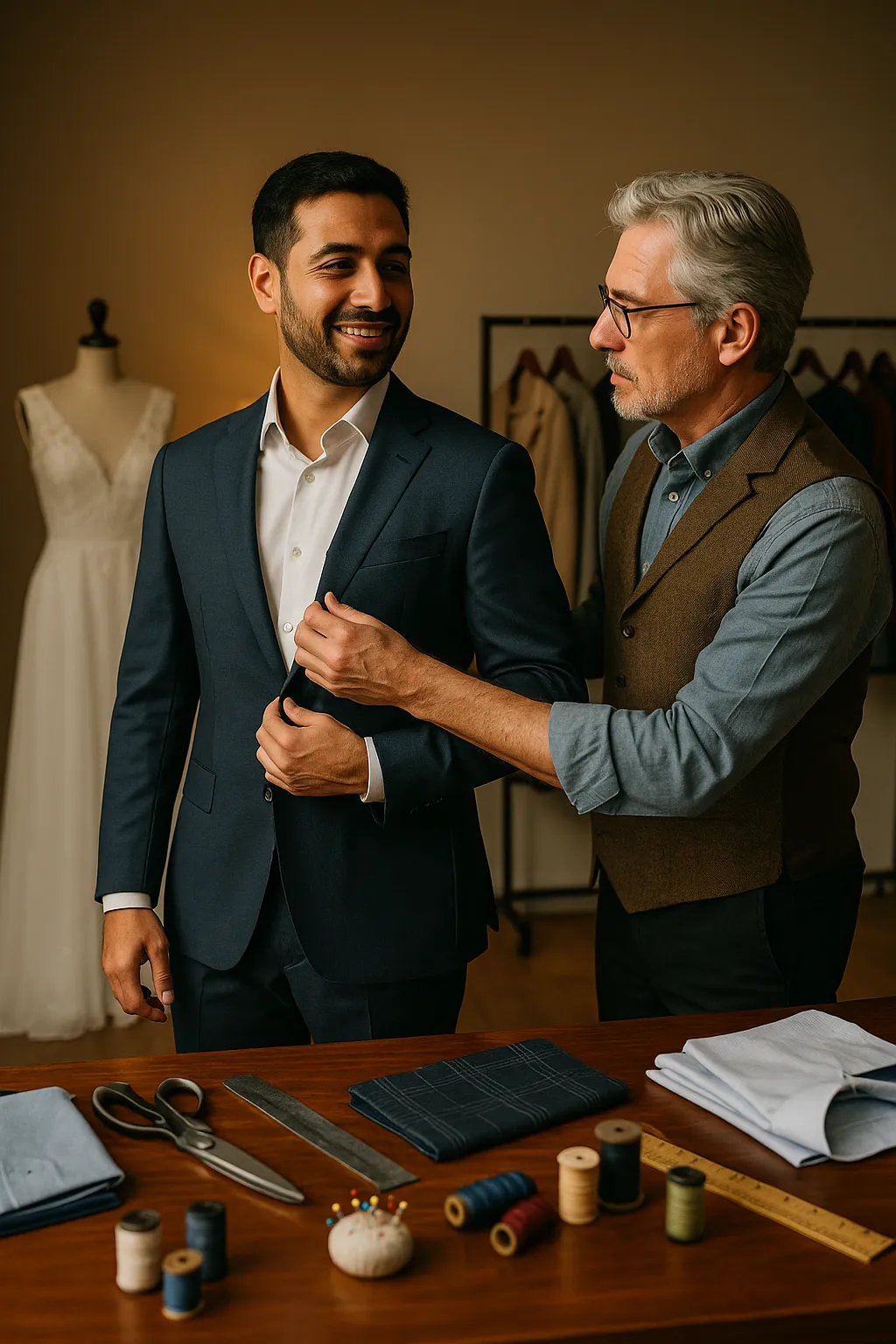 A South Asian man in a navy blue suit smiles while being fitted by an older Caucasian tailor in a warmly lit tailor shop. The tailor, wearing glasses, a light blue shirt, and a brown vest, adjusts the jacket with focus and care. The setting includes a wooden table with scissors, thread spools, fabric swatches, and a ruler. Behind them, a wedding dress on a mannequin and neatly hung garments enhance the welcoming, professional atmosphere.