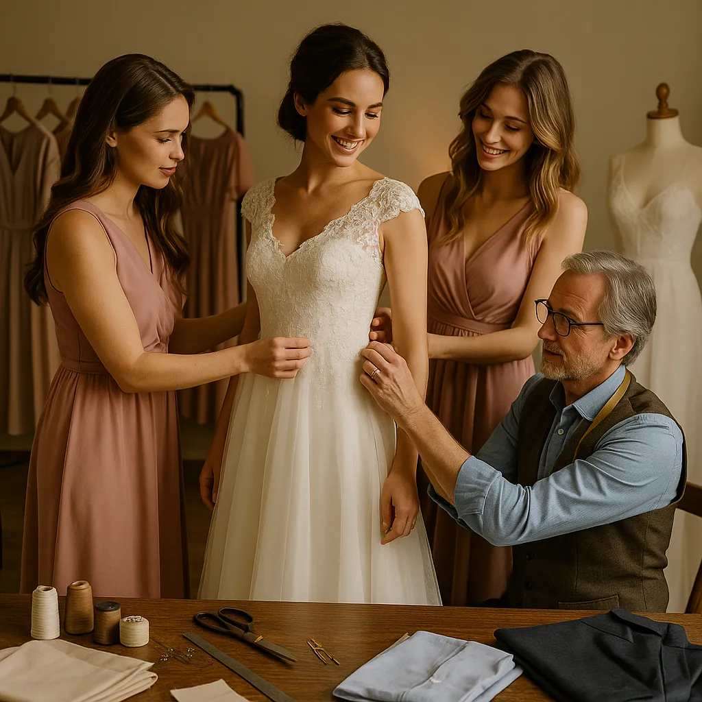 A bride-to-be with fair skin and long dark hair smiles with her eyes closed as she wears a lace wedding gown with a V-neckline and long sleeves during a fitting in a bridal boutique. A male tailor with glasses and a yellow measuring tape adjusts the dress at her waist, while a bridesmaid in a blush gown supports her arm. The workspace includes sewing tools, fabric swatches, and folded cloths on a wooden table. The softly lit room and joyful expressions create a warm, intimate atmosphere.