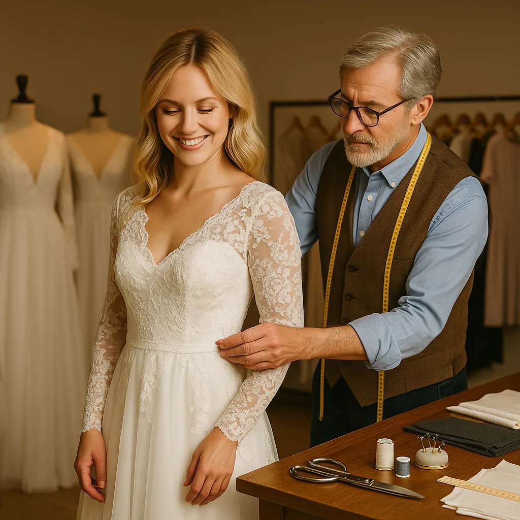 A bride-to-be with shoulder-length blonde hair smiles gently as a skilled older tailor adjusts the waist of her lace wedding gown in a softly lit bridal boutique. The gown features long lace sleeves and a sweetheart neckline. The workspace includes sewing scissors, thread spools, fabric, and pins arranged on a wooden table. In the background, several wedding dresses are displayed on mannequins and hangers, creating a calm and elegant setting ideal for SEO focused on wedding dress fittings, bridal tailoring, and custom bridalwear services.