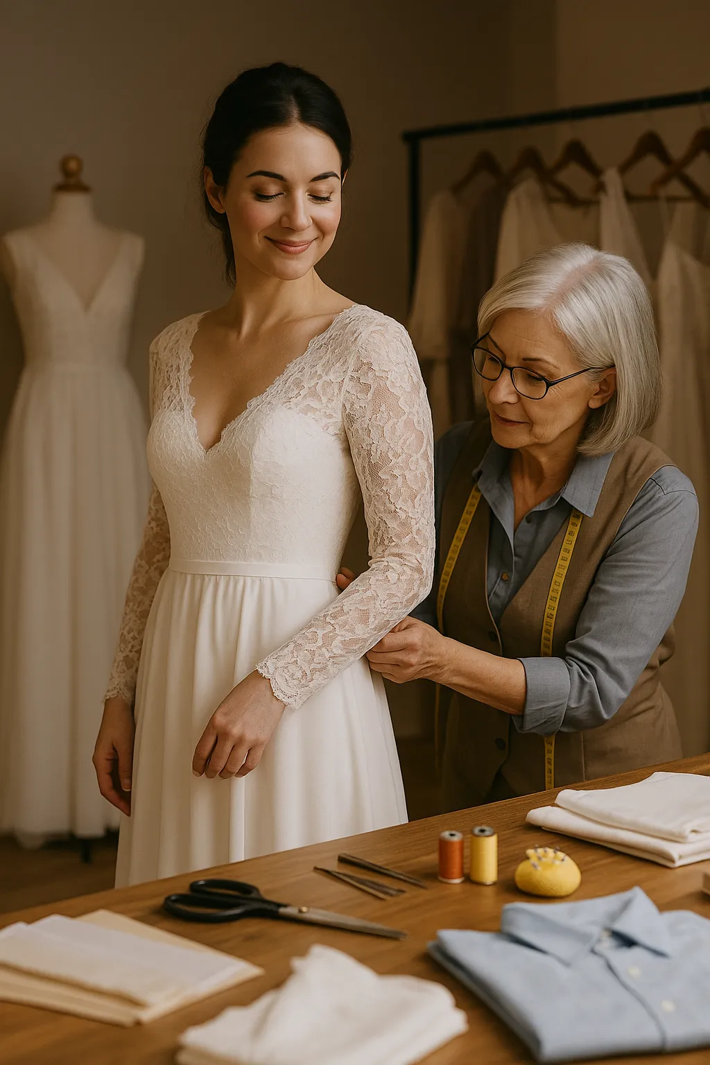 A bride-to-be with dark hair in a low bun smiles gently with her eyes closed as an older female seamstress adjusts the sleeve of her elegant white lace wedding gown in a softly lit bridal boutique. The gown features long lace sleeves and a fitted bodice. The workspace includes scissors, thread spools, fabric, and a pin cushion neatly arranged on a wooden table. Behind them, mannequins and dresses on hangers add to the serene, professional setting.