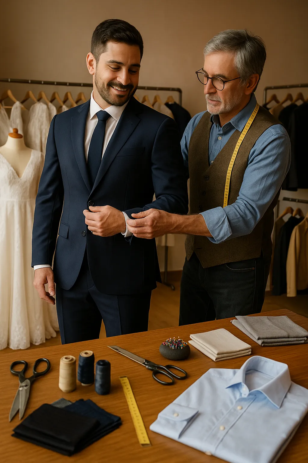 A young groom in a navy blue suit smiles as an older male tailor with gray hair and glasses adjusts his shirt cuff in a warmly lit tailoring studio. The workspace includes a wooden table neatly arranged with sewing tools, fabric swatches, a light blue dress shirt, and thread spools. In the background, racks of suits and a mannequin in a white wedding gown add to the professional yet welcoming atmosphere.