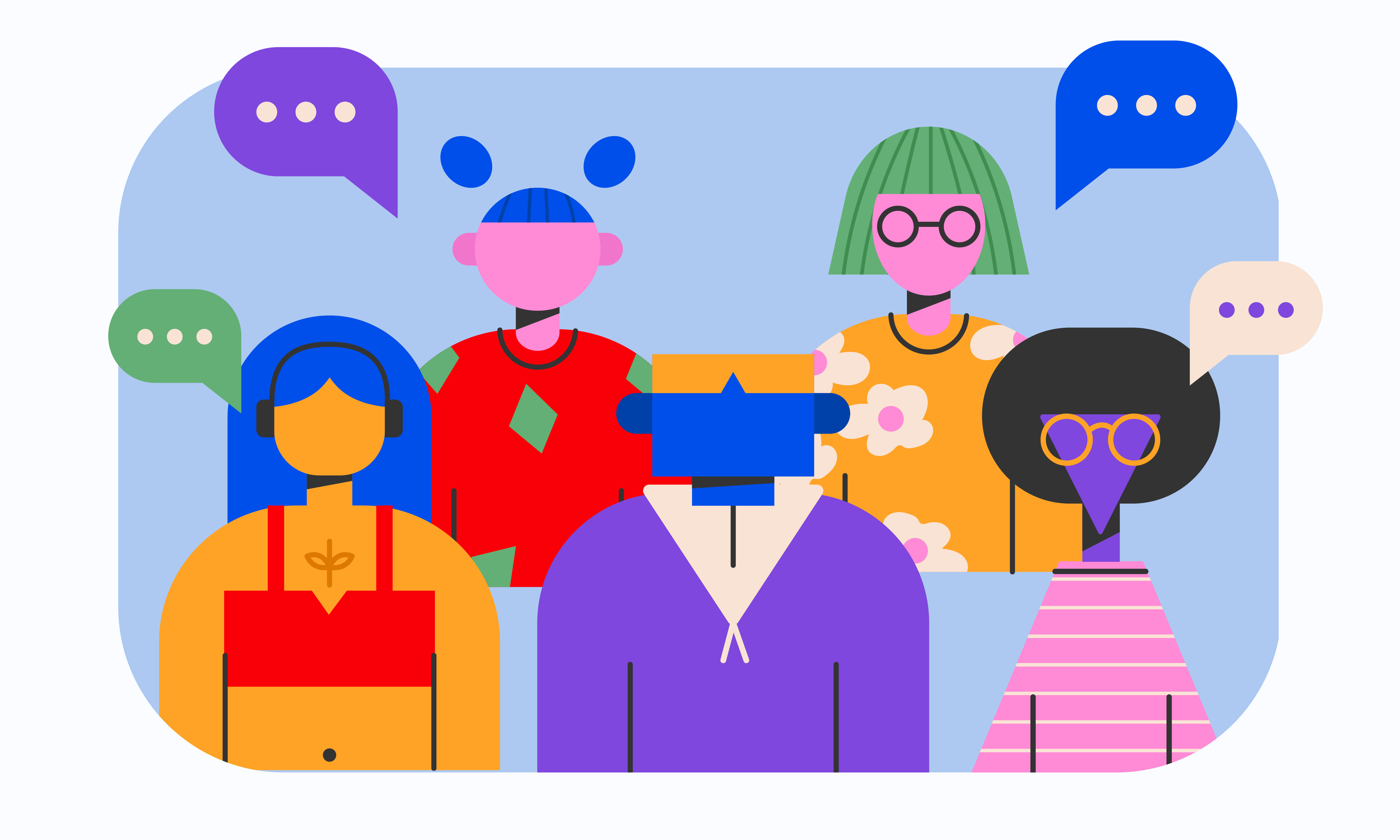 A stylised colourful illustration of a diverse group of people share their views