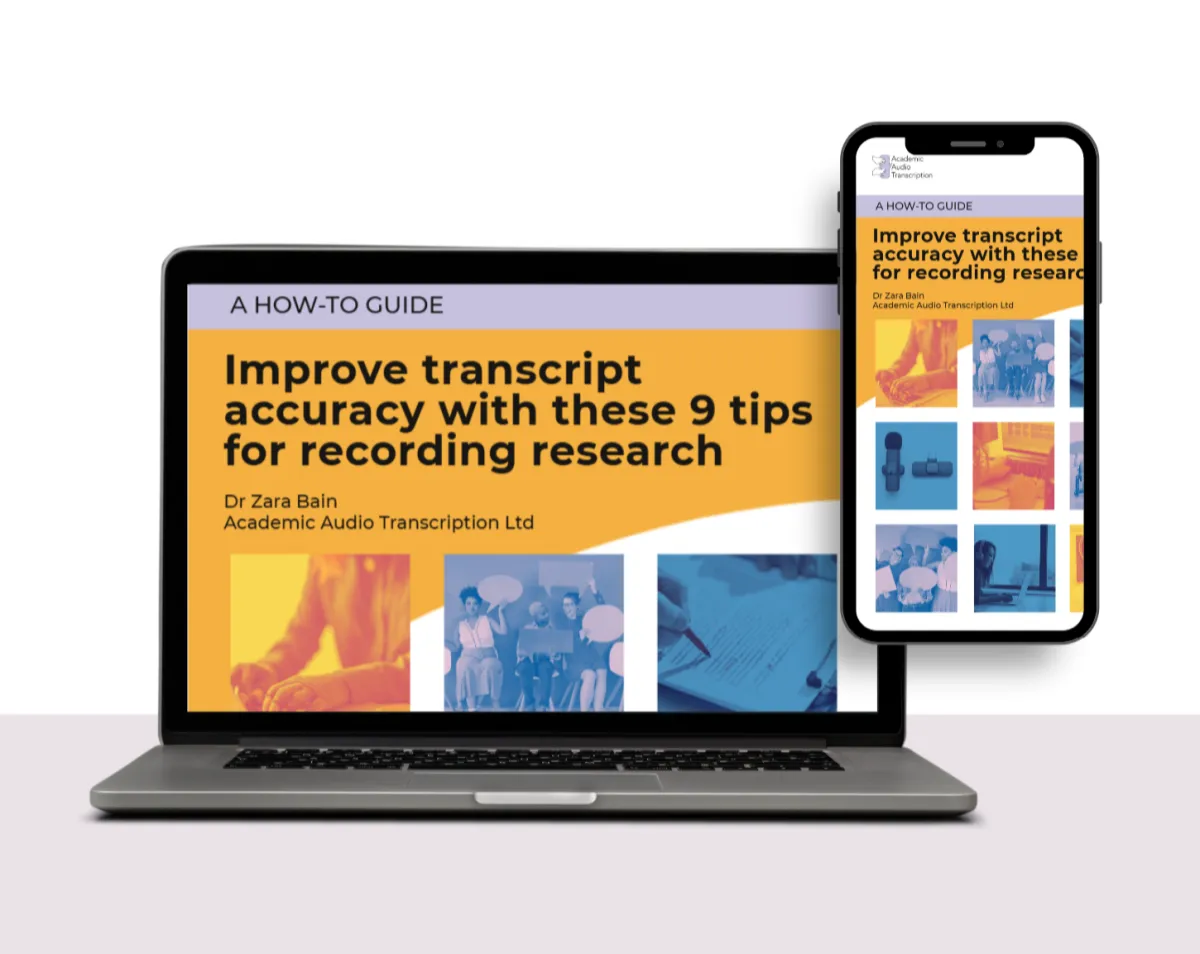 The cover of AAT's Free PDF Guide on improving transcript accuracy displayed on a laptop and mobile phone