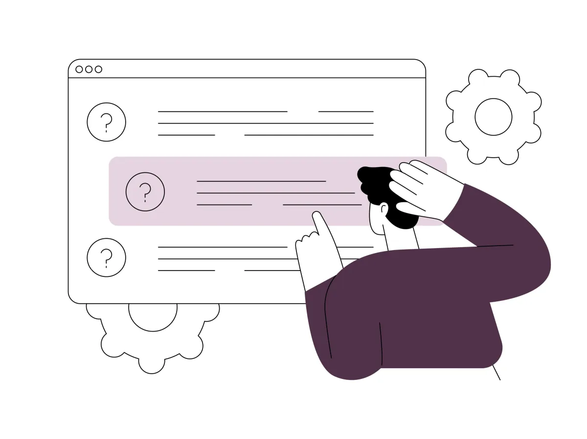 A stylised line illustration of a person assessing different options on a screen and looking confused. 